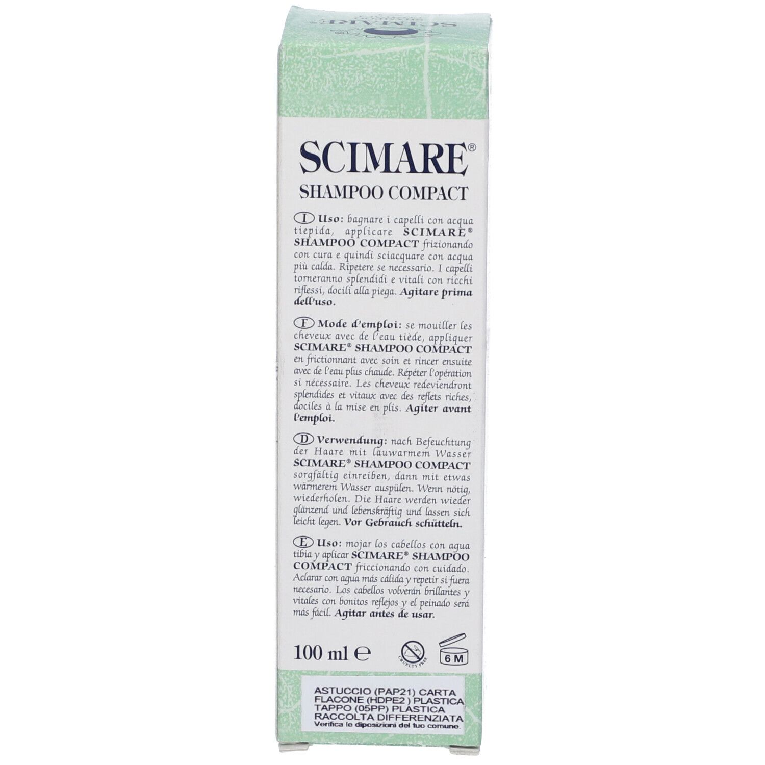 Scatola con testo. Sulla scatola, si legge "SCIMARE SHAMPOO COMPACT".