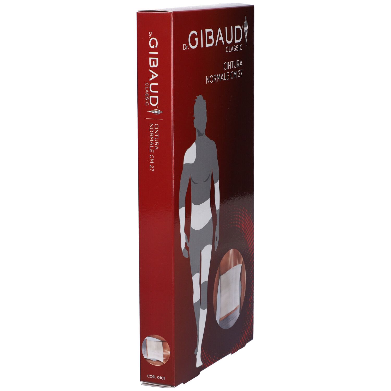 Vista laterale della confezione Dr. Gibaud Classic. Scritta: Cintura Normale CM 27. Immagine del prodotto.