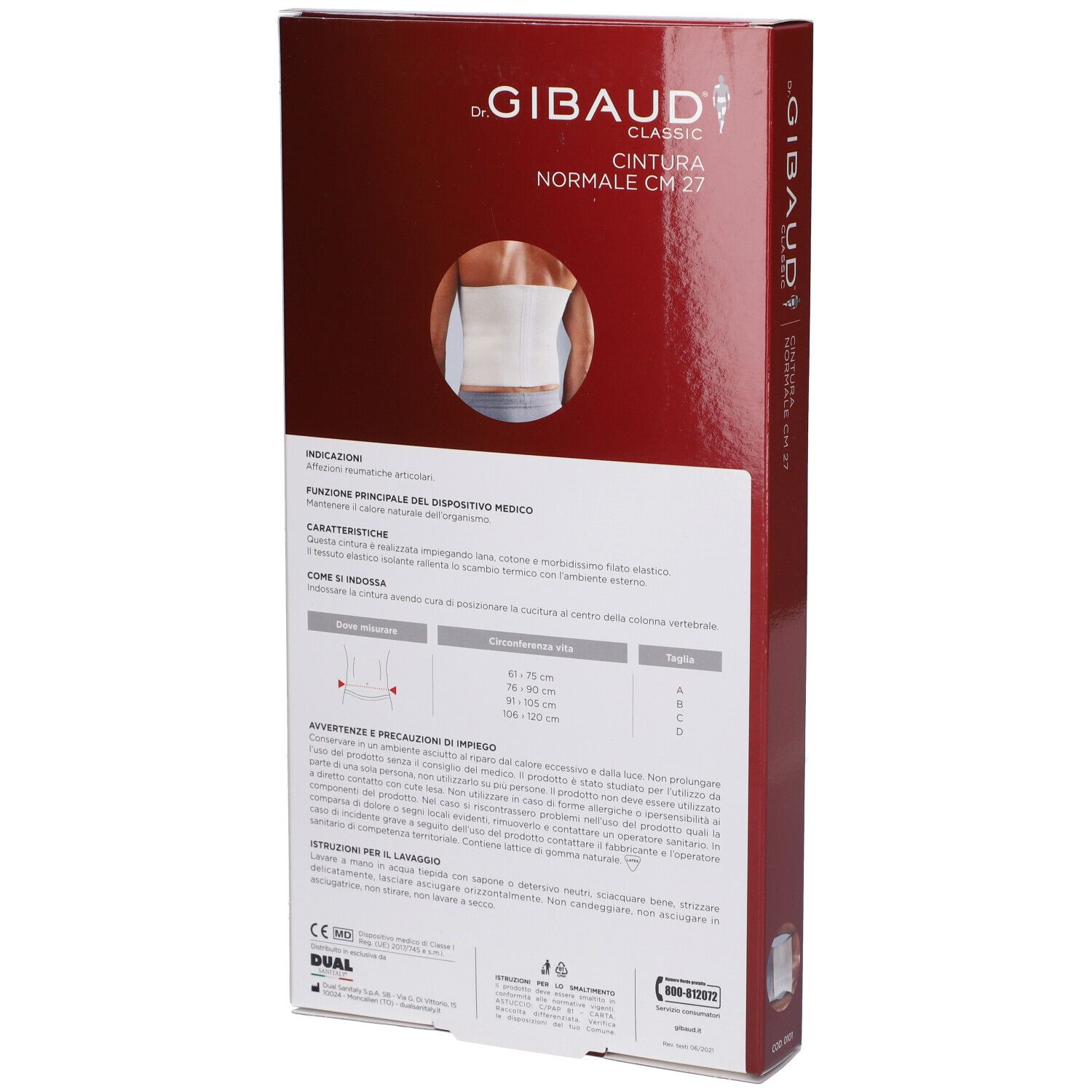 Retro della confezione Dr. Gibaud Classic. Informazioni sul prodotto e indicazioni di taglia. Immagine del prodotto.