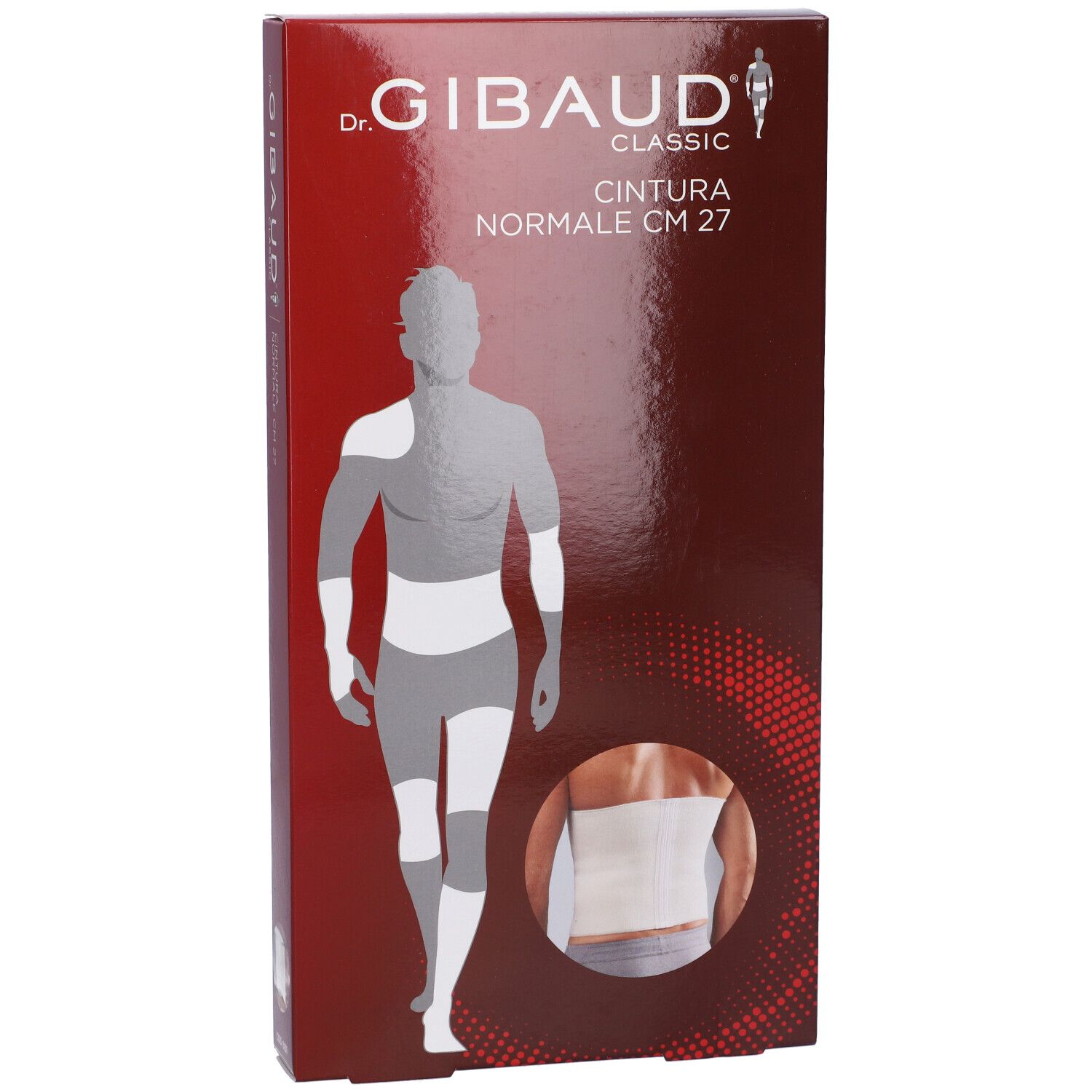 Confezione Dr. Gibaud Classic. Scritta: Cintura Normale CM 27. Illustrazione di uomo con fascia. Immagine del prodotto.