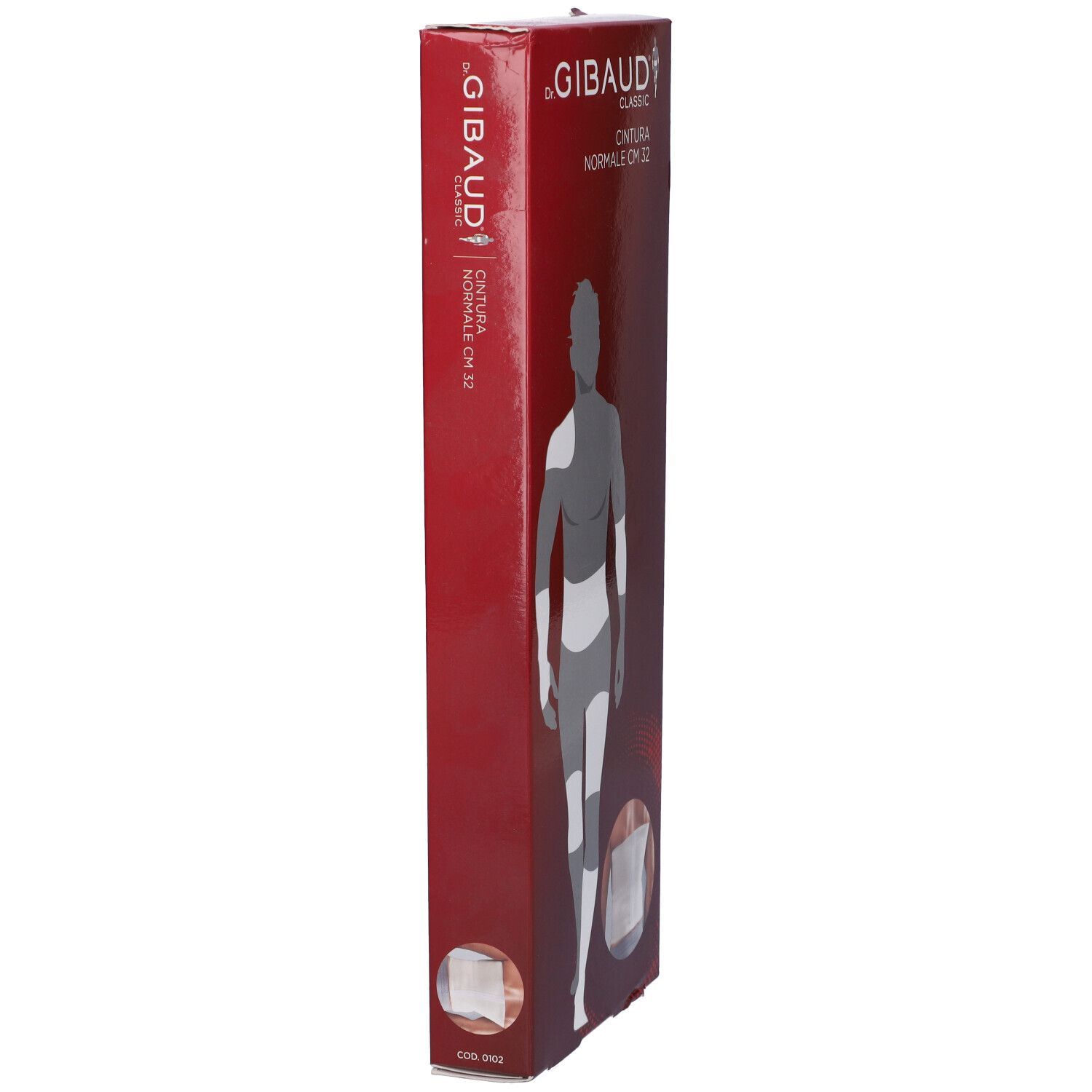 Vista laterale della confezione rossa Dr. Gibaud Classic Cintura Normale CM 32. Testo e immagine del prodotto.