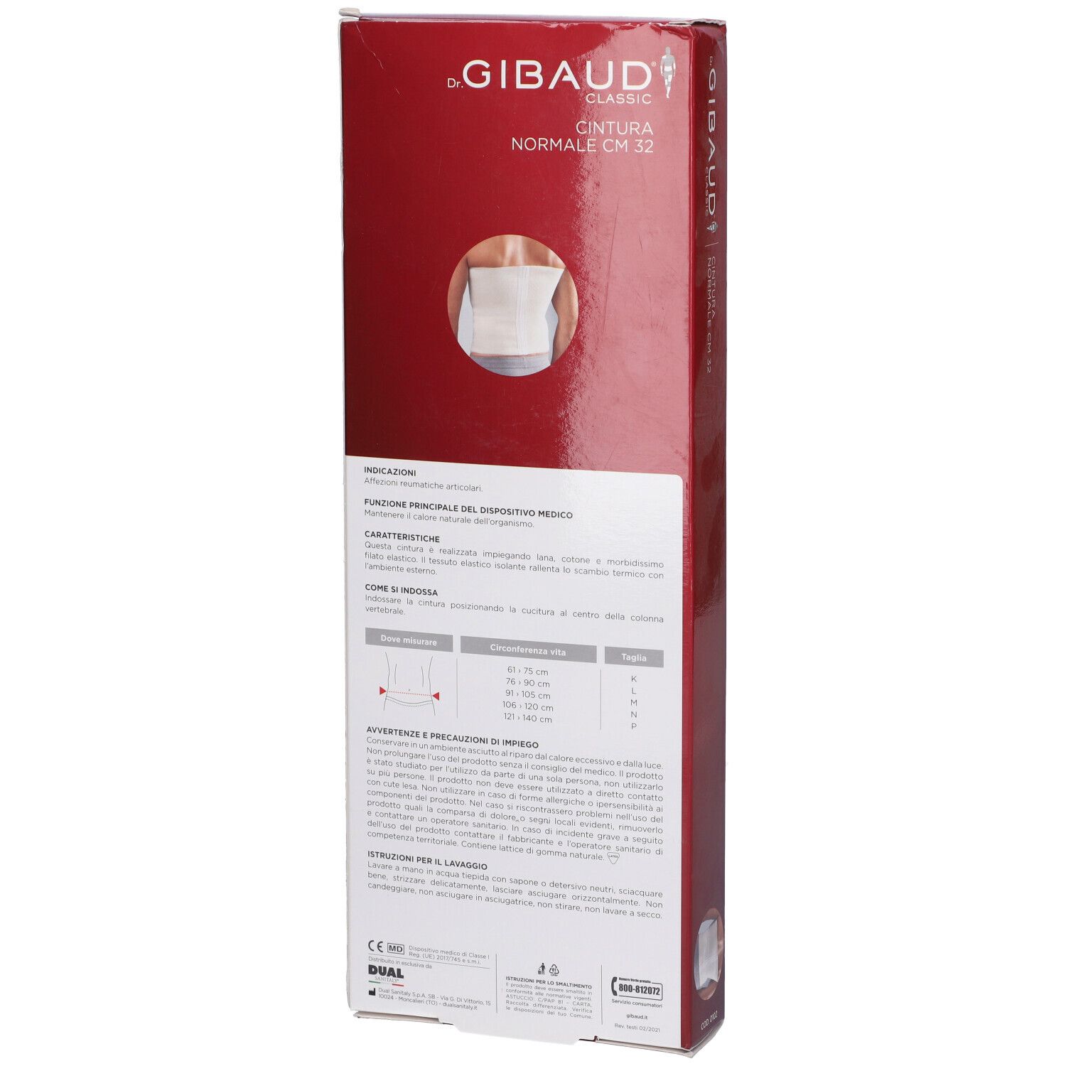 Retro della confezione rossa Dr. Gibaud Classic Cintura Normale CM 32. Informazioni sul prodotto e tabella taglie.