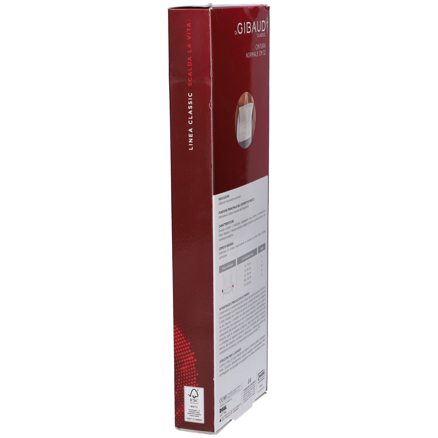 Vista laterale della confezione rossa Dr. Gibaud Classic Cintura Normale CM 32. Testo e informazioni sul prodotto.