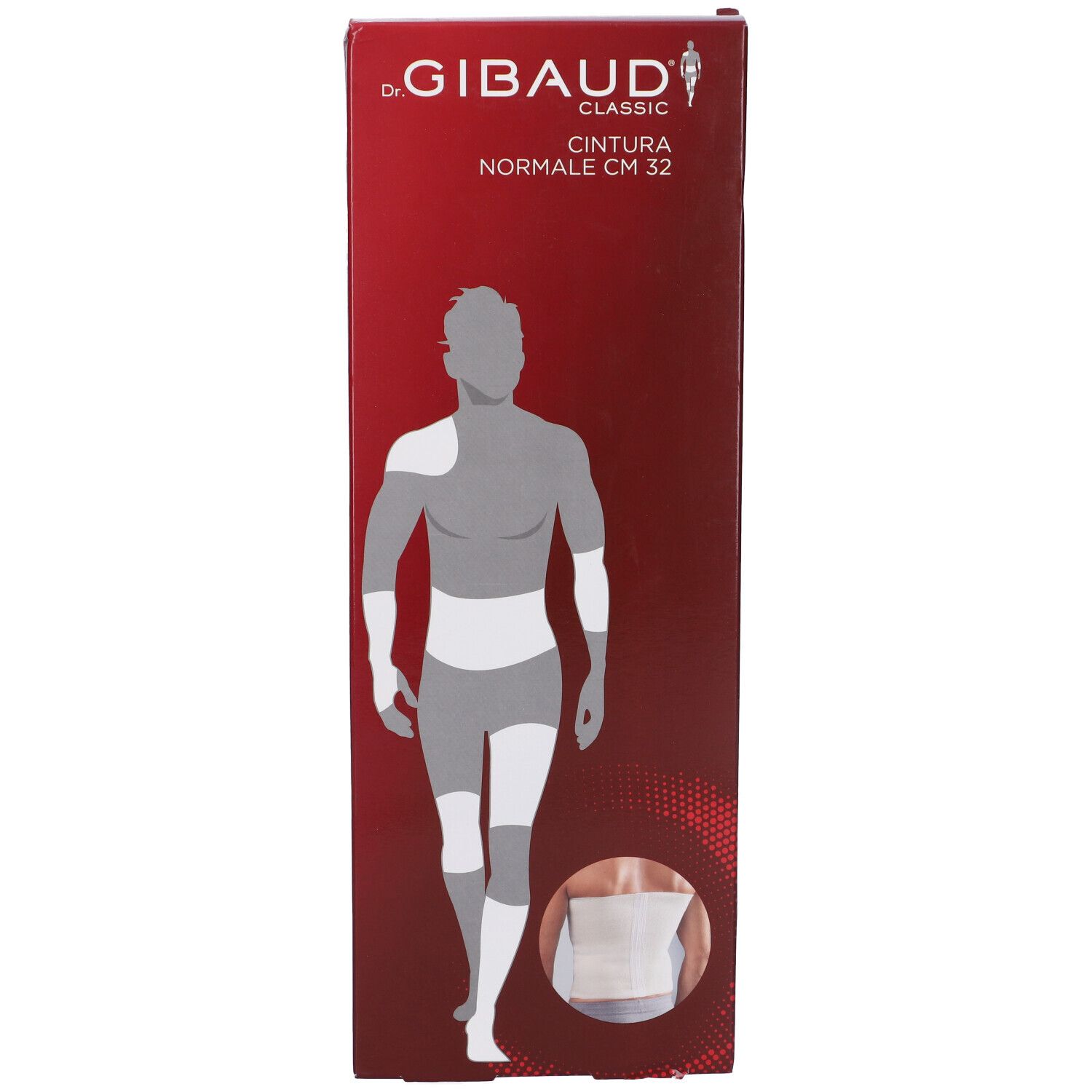 Vista frontale della confezione rossa Dr. Gibaud Classic Cintura Normale CM 32. Immagine del prodotto e sagoma.