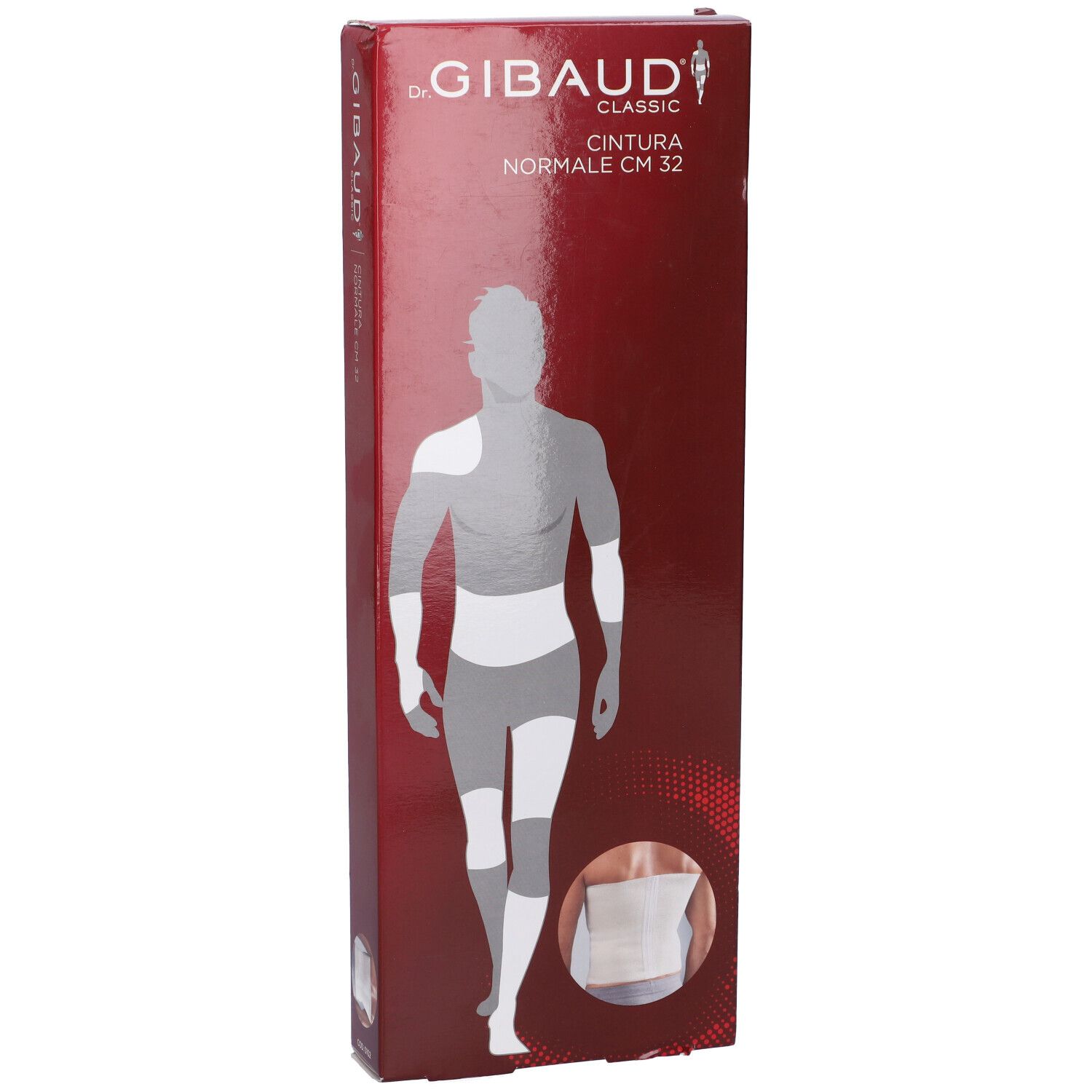 Vista frontale della confezione rossa Dr. Gibaud Classic Cintura Normale CM 32. Immagine del prodotto e sagoma.