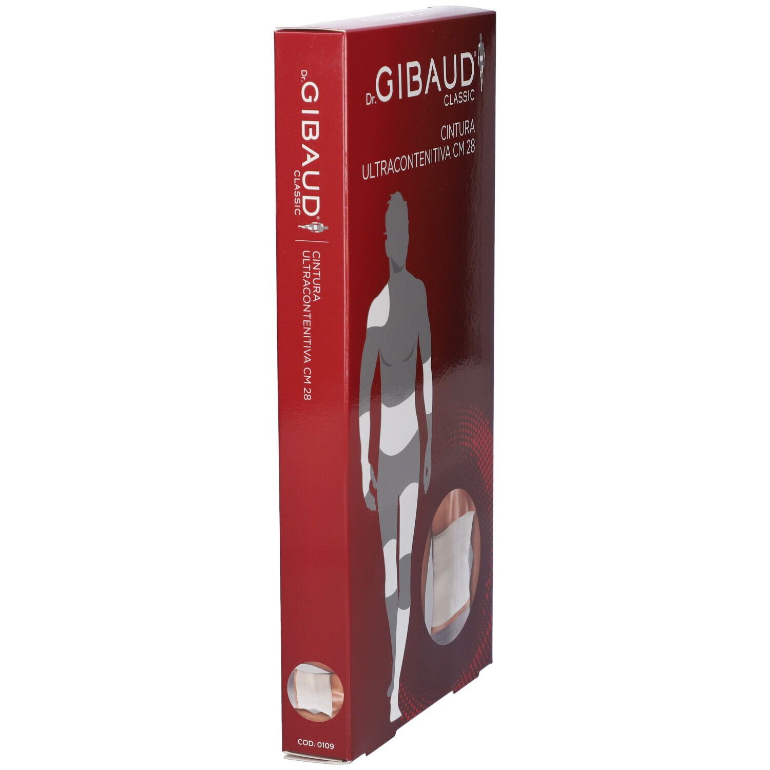 Vista laterale della confezione di Cintura Elastica Ultracontenitiva CM 28. Marchio Dr. Gibaud.