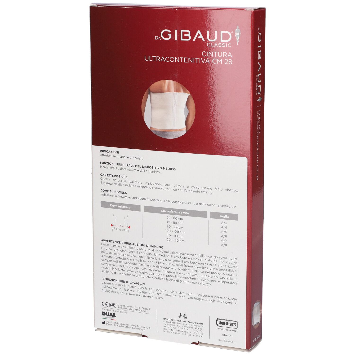 Retro della confezione di Cintura Elastica Ultracontenitiva CM 28. Informazioni e tabella taglie.