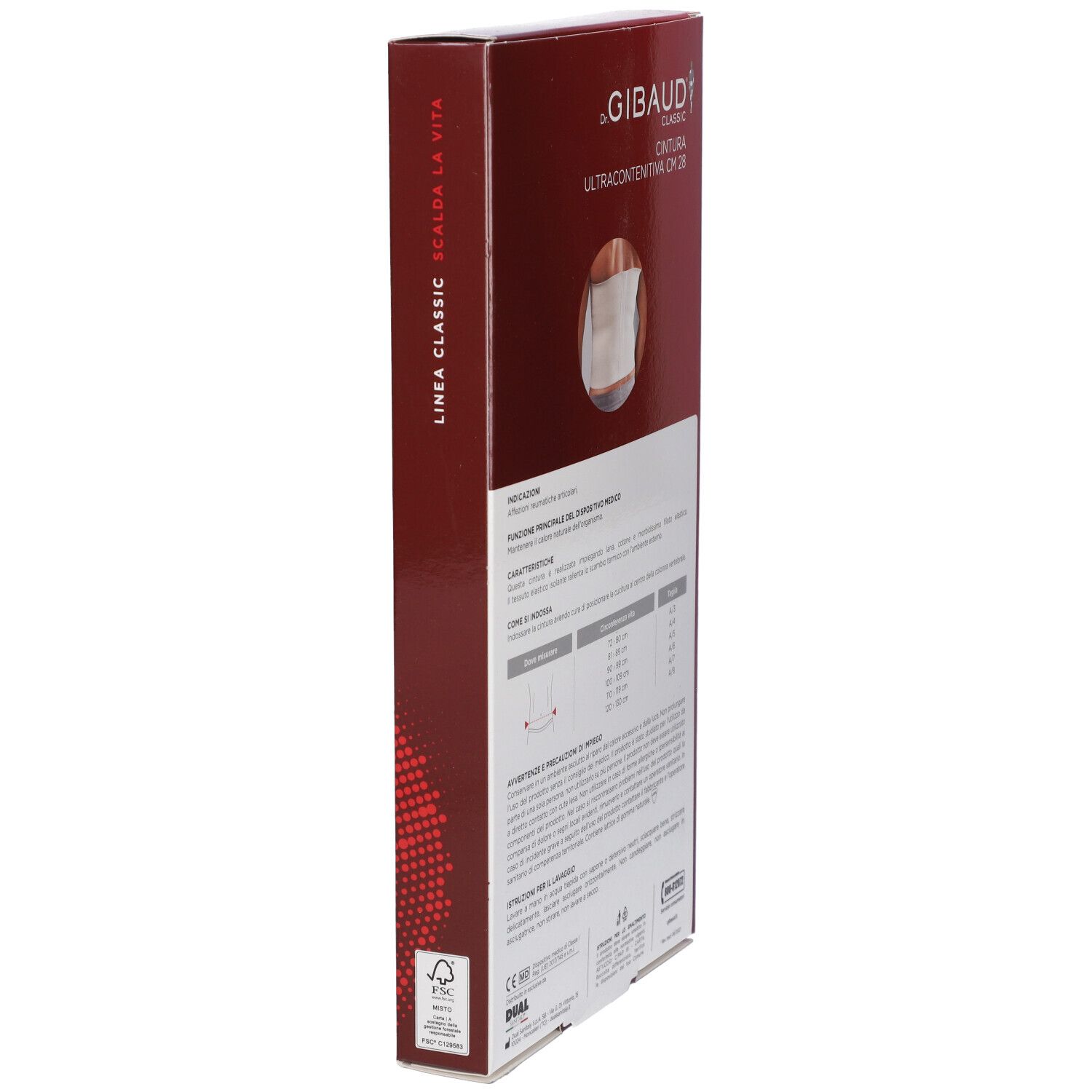 Vista laterale della confezione di Cintura Elastica Ultracontenitiva CM 28. Testo: Linea Classic Scalda la Vita.