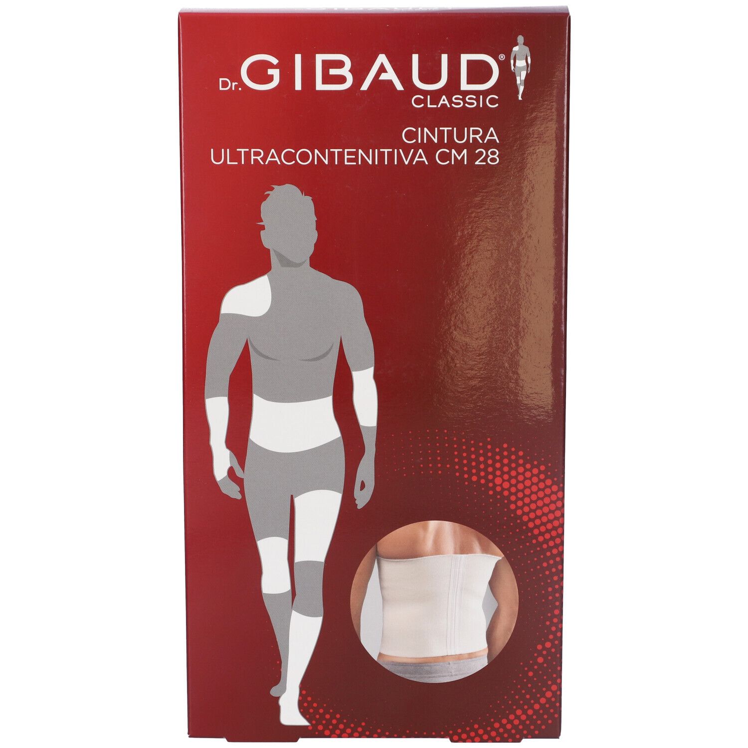 Confezione di Cintura Elastica Ultracontenitiva CM 28. Marchio Dr. Gibaud. Immagine di uomo con bendaggio.