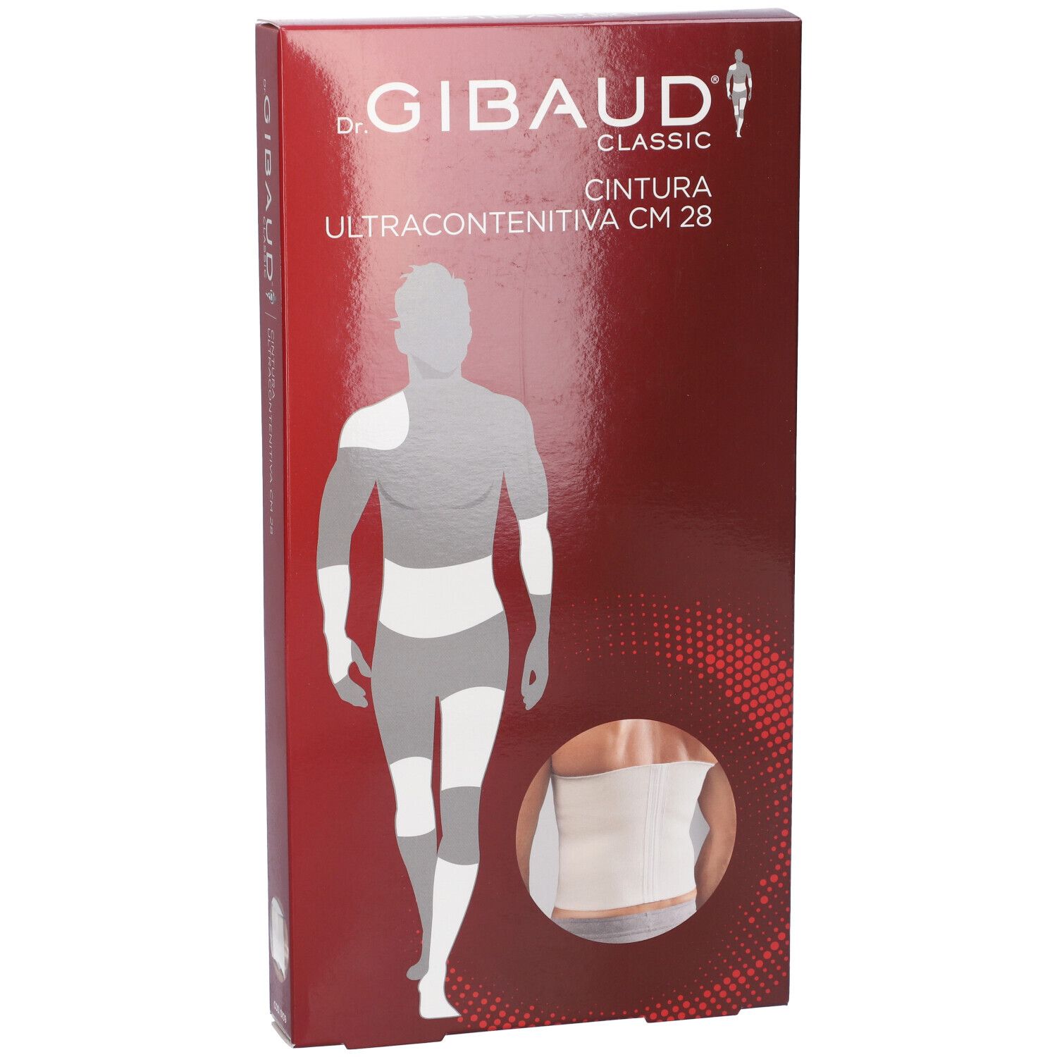 Confezione di Cintura Elastica Ultracontenitiva CM 28. Marchio Dr. Gibaud. Immagine di uomo con bendaggio.