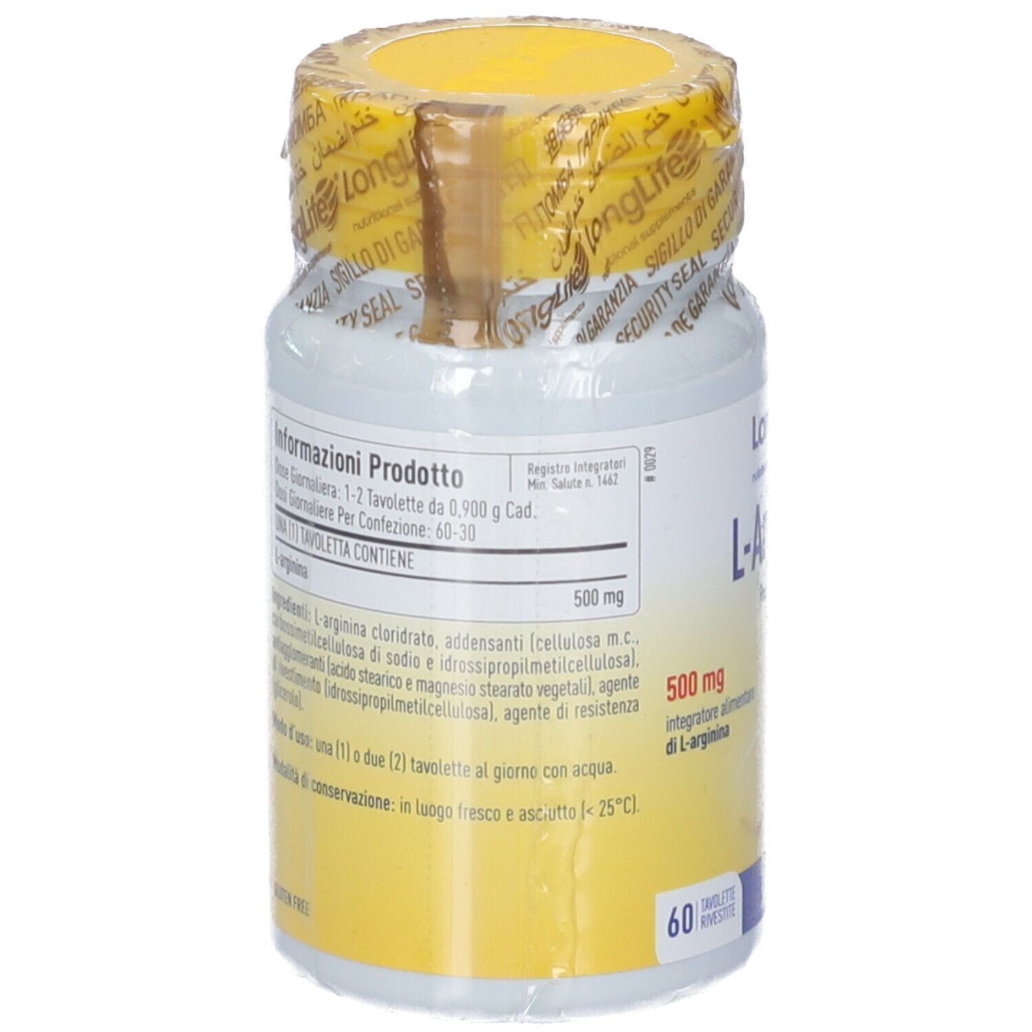 Retro del flacone LongLife L-Arginine 500mg Tavolette con informazioni sul prodotto.