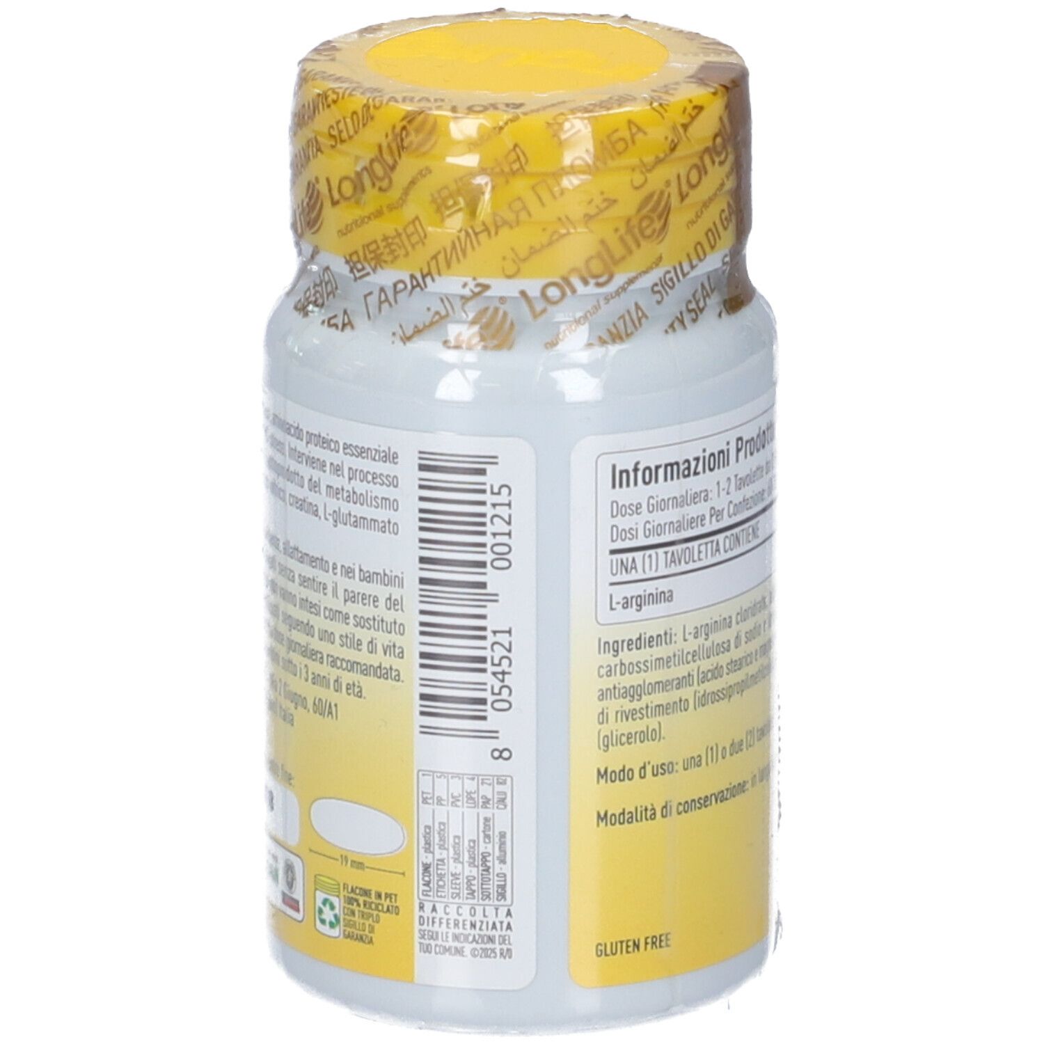 Vista laterale del flacone LongLife L-Arginine 500mg Tavolette con codice a barre e certificazioni.