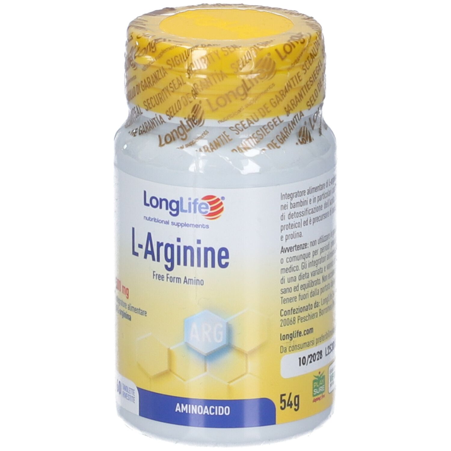 Flacone LongLife L-Arginine 500mg Tavolette, 60 compresse, 54g.