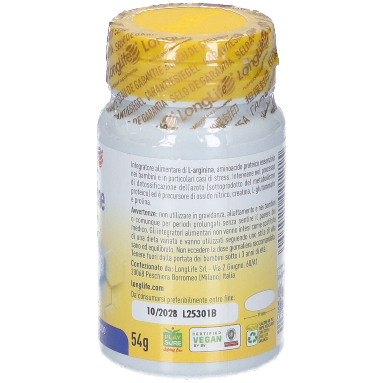 Retro del flacone LongLife L-Arginine 500mg Tavolette con dettagli e sigilli.