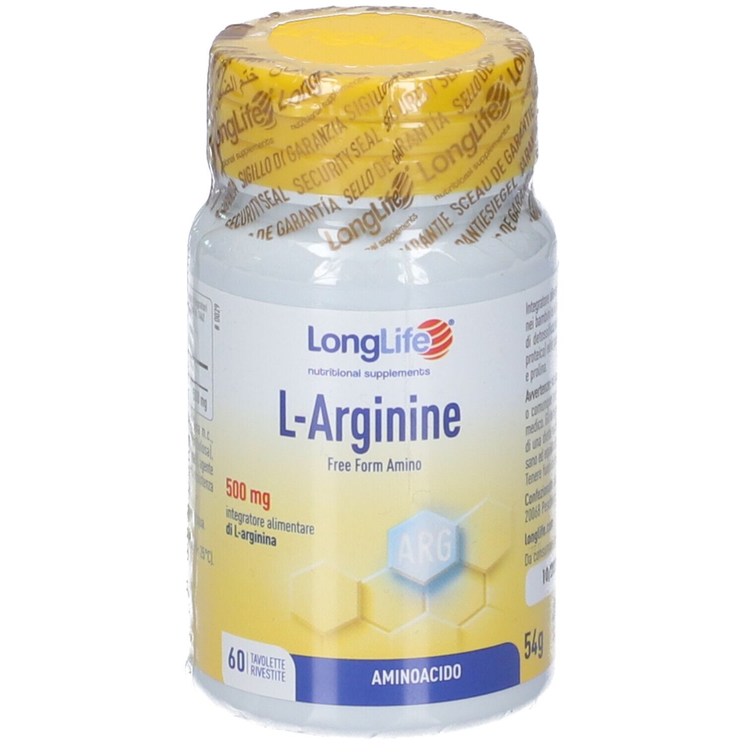 Flacone LongLife L-Arginine 500mg Tavolette, 60 compresse, 54g, con sigilli.