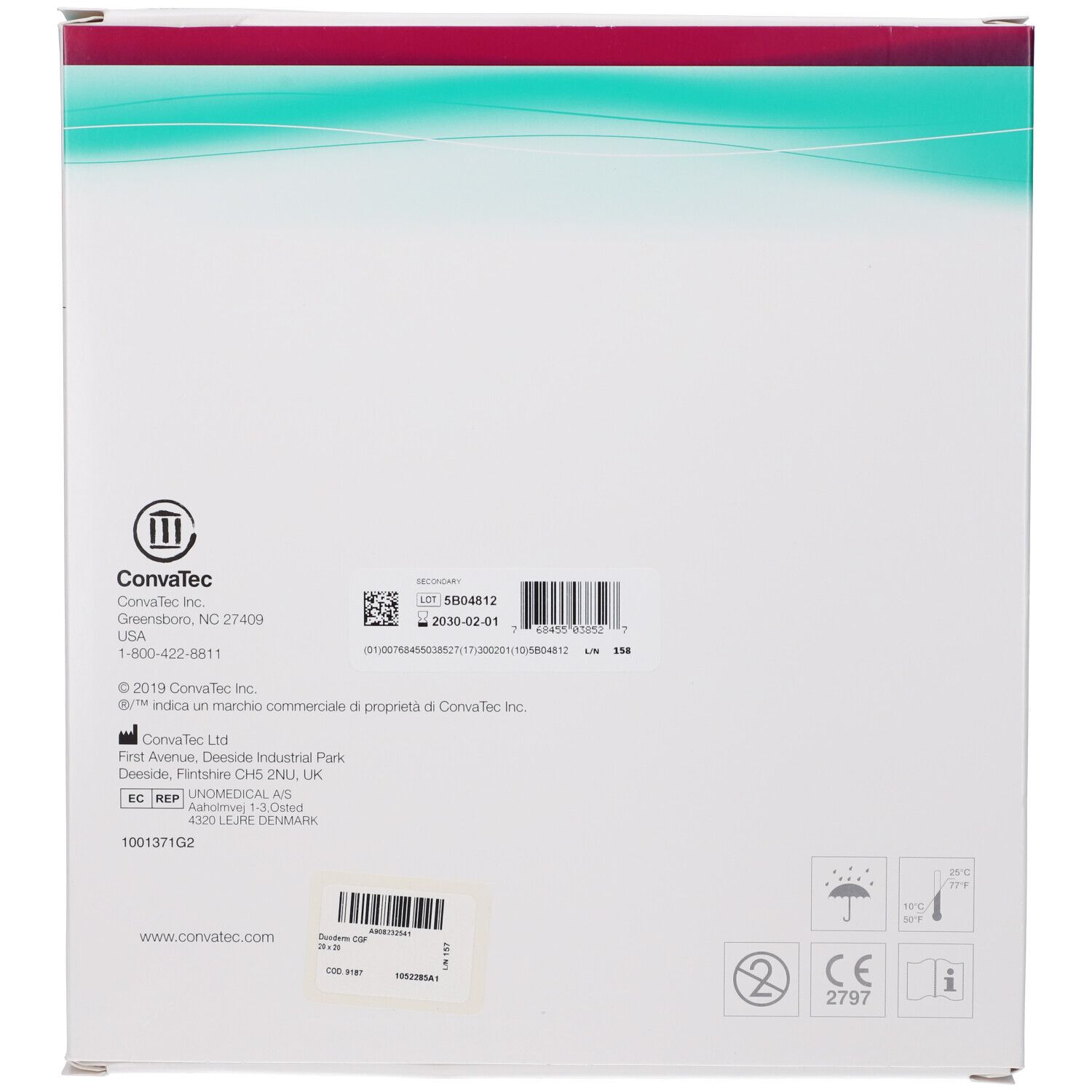 Retro della confezione. Informazioni del produttore e numero di lotto. Marchio CE.