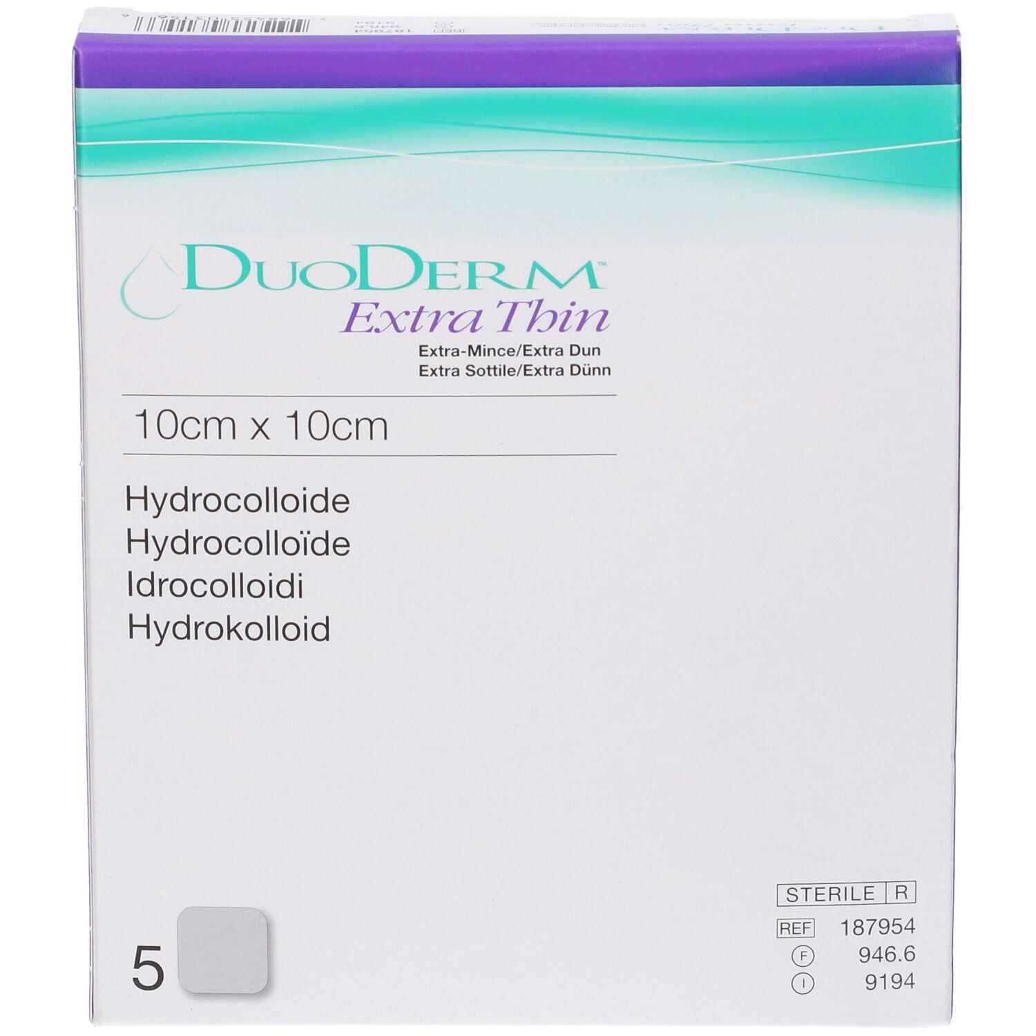 Fronte della confezione: DuoDERM Extra Thin, 5x 10x10cm, Idrocolloidale.