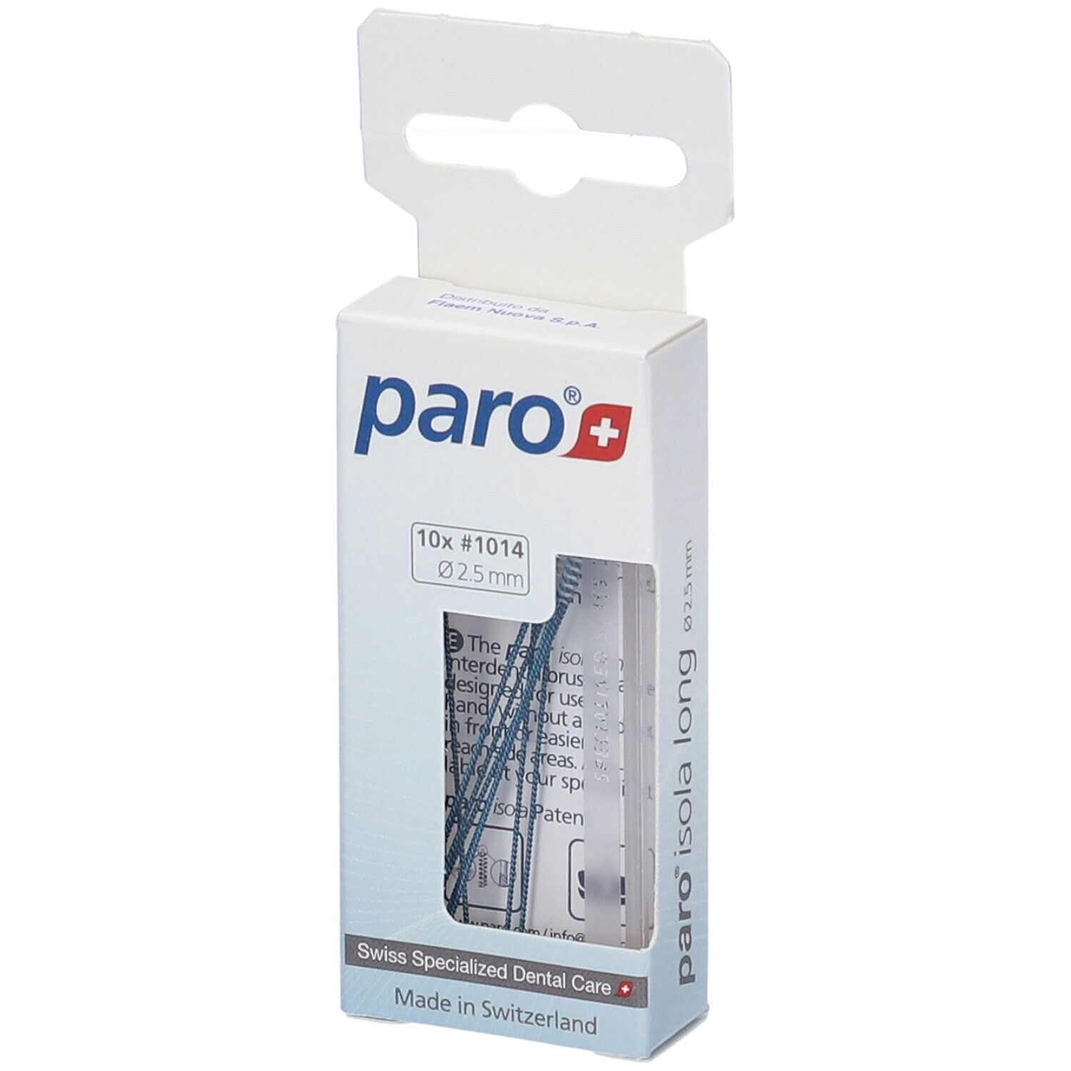 Confezione di paro+ Isola Scovolino Interdentali. 10 pezzi, Ø 2,5 mm. Setole blu visibili. Cura dentale svizzera.