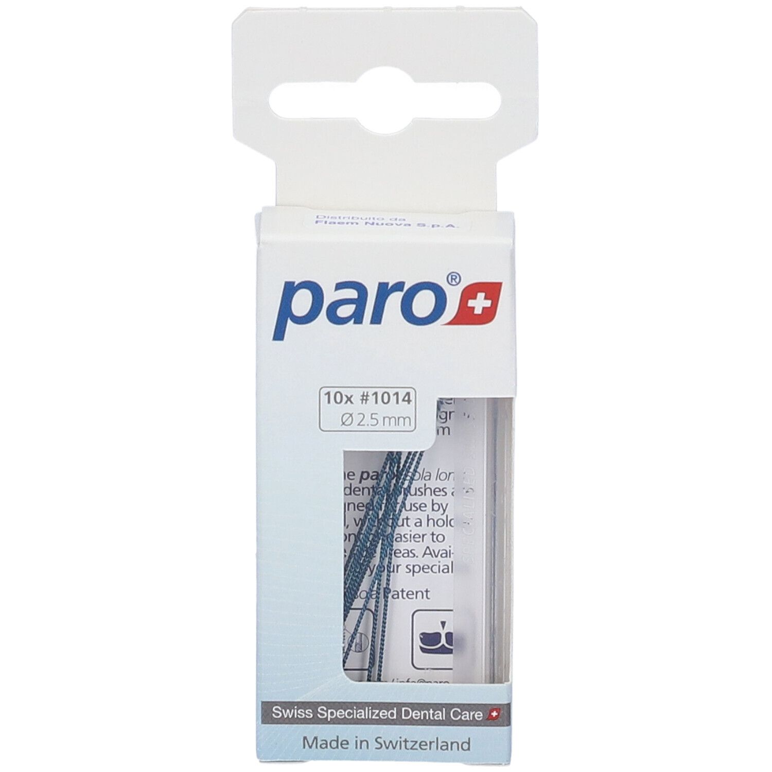 Confezione di paro+ Isola Scovolino Interdentali. 10 pezzi, Ø 2,5 mm. Setole blu visibili. Cura dentale svizzera.