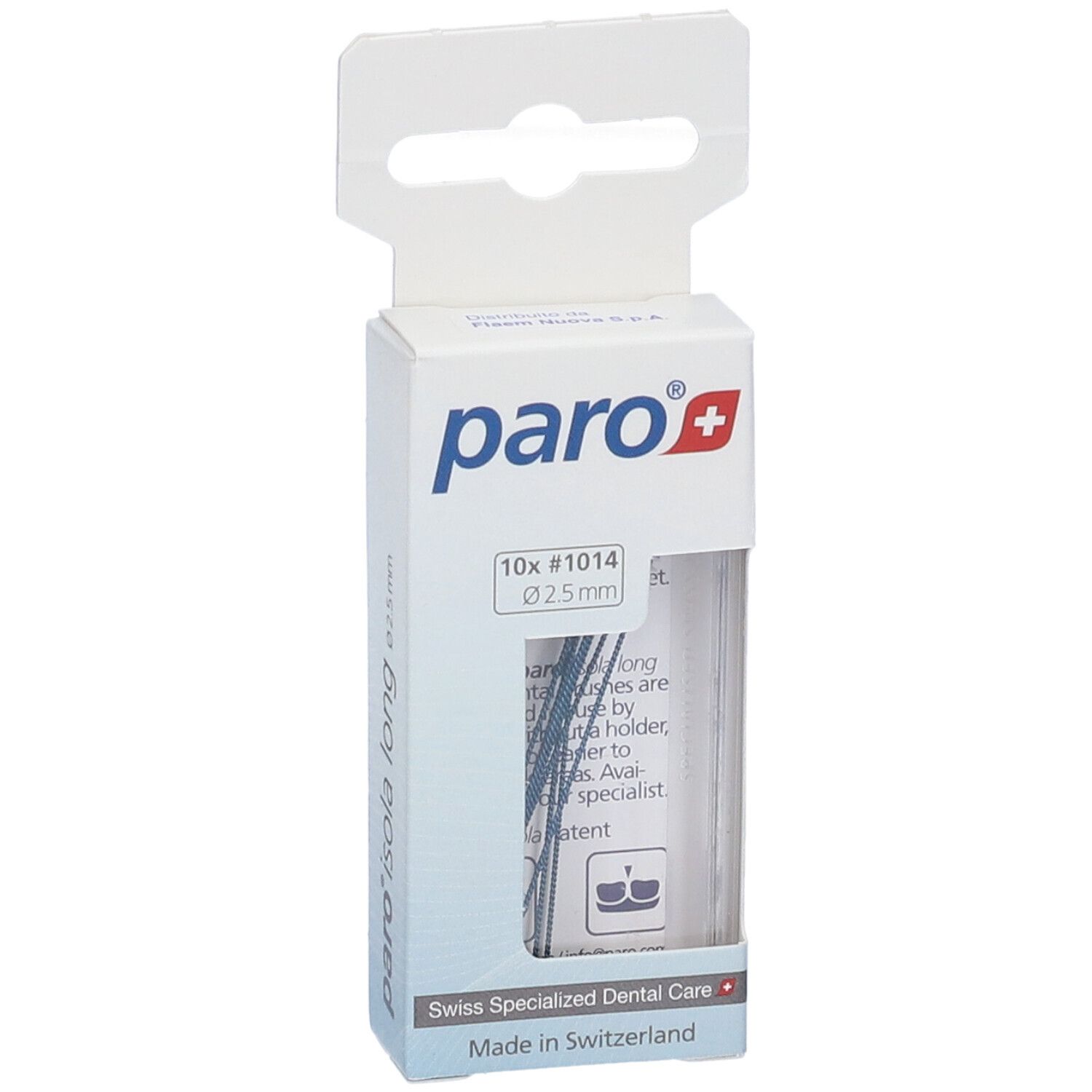 Confezione di paro+ Isola Scovolino Interdentali. 10 pezzi, Ø 2,5 mm. Setole blu visibili. Cura dentale svizzera.