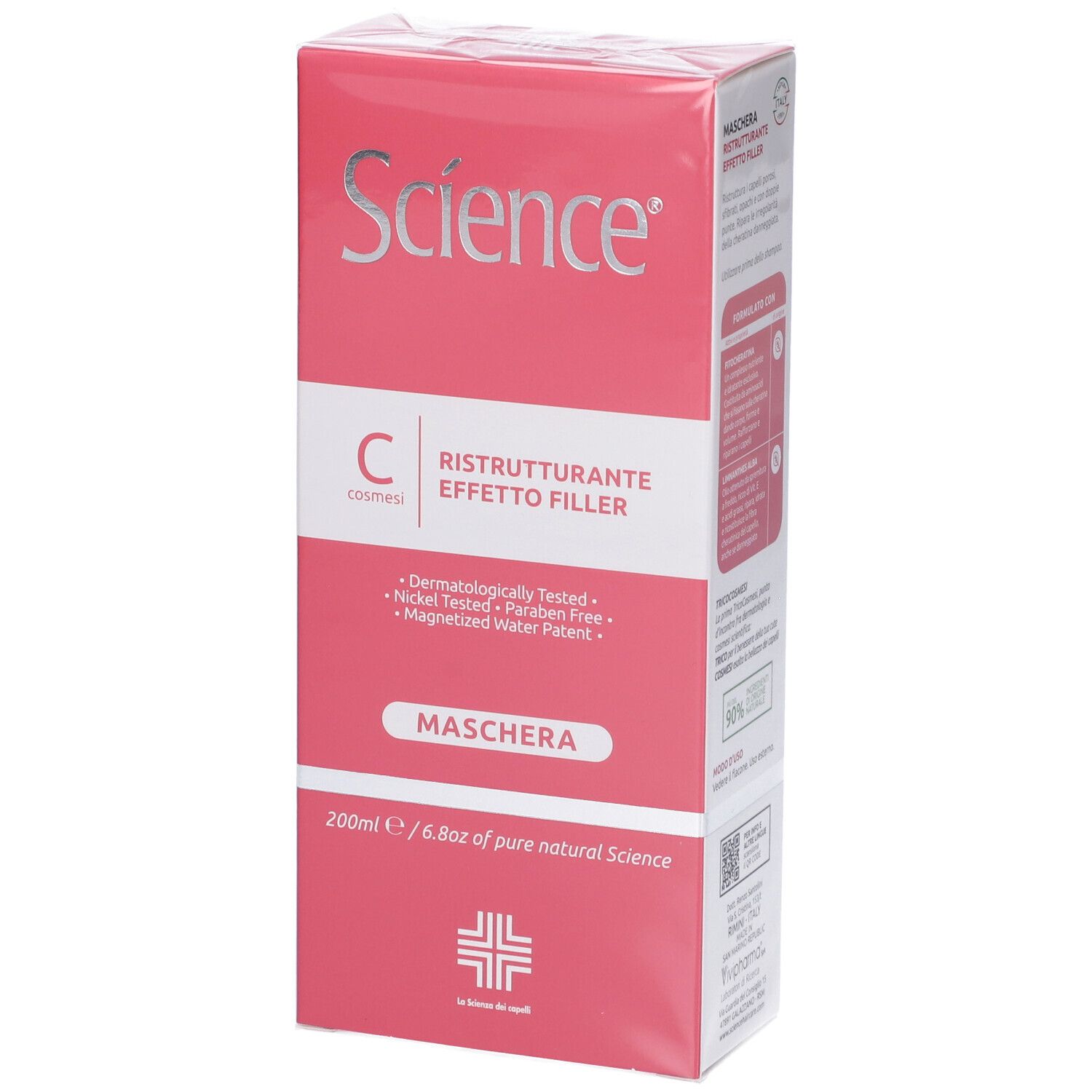 Confezione del prodotto. Scatola rosa con scritta Science, C, Ristrutturante Effetto Filler, Maschera. 200ml.