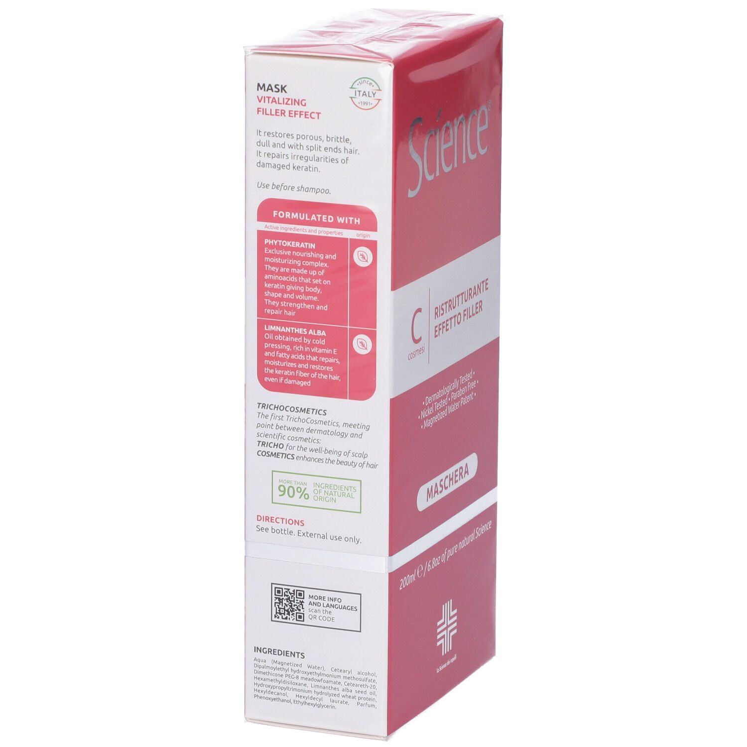 Confezione del prodotto. Scatola rosa con testo. Scritta Science, C, Ristrutturante Effetto Filler, Maschera. 200ml.