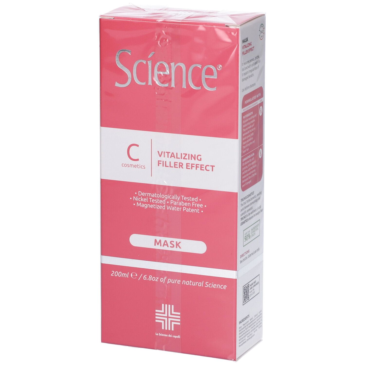 Confezione del prodotto. Scatola rosa con scritta Science, C, Vitalizing Filler Effect, Maschera. 200ml.