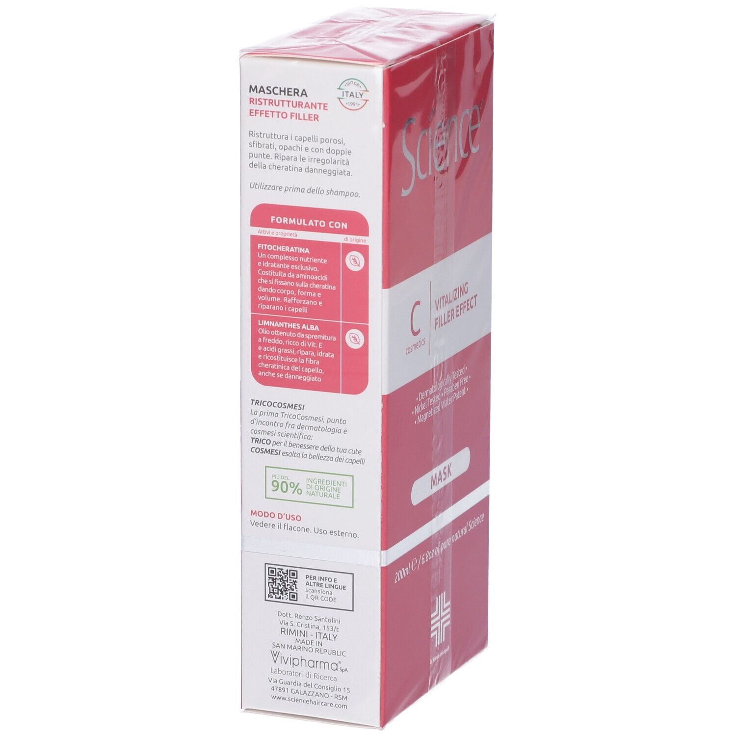 Confezione del prodotto. Scatola rosa con testo. Scritta Science, C, Ristrutturante Effetto Filler, Maschera. 200ml.