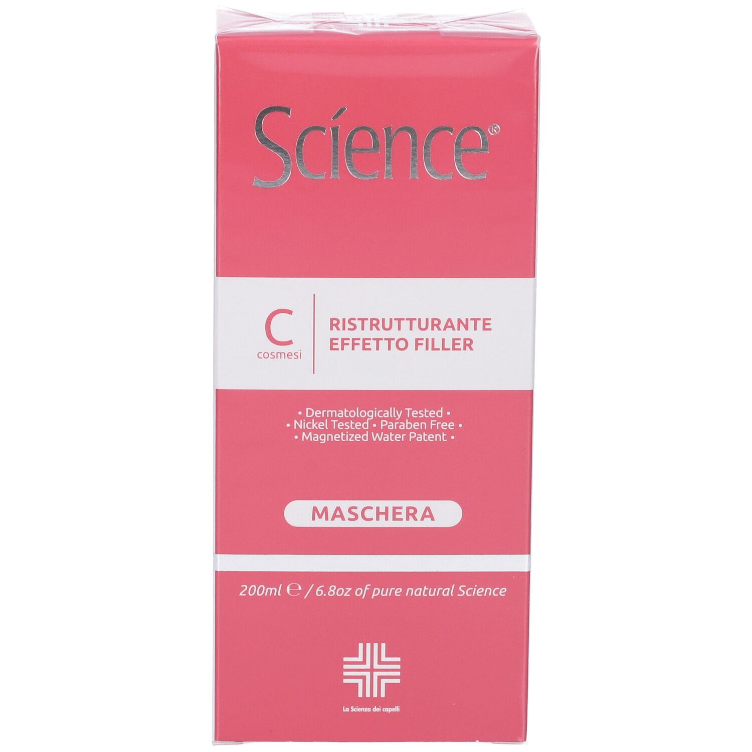 Confezione del prodotto. Scatola rosa con scritta Science, C, Ristrutturante Effetto Filler, Maschera. 200ml.