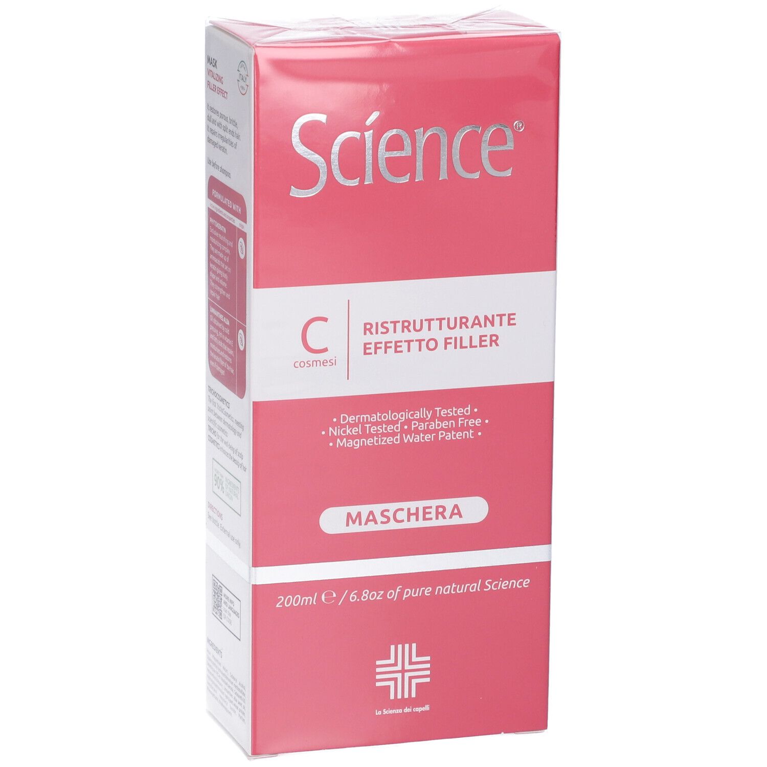 Confezione del prodotto. Scatola rosa con scritta Science, C, Ristrutturante Effetto Filler, Maschera. 200ml.