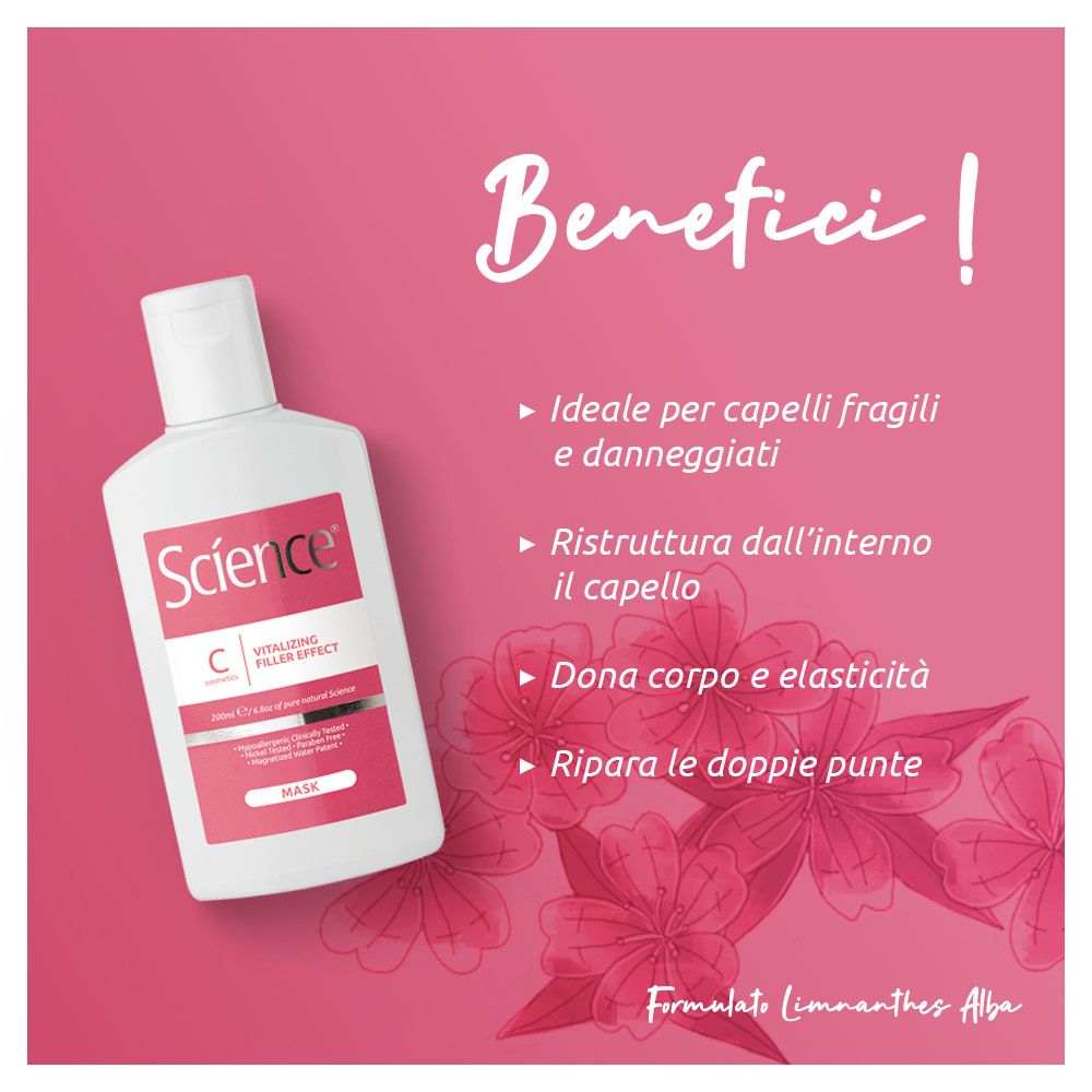 Sfondo rosa con flacone prodotto. Testo: Benefici, ideale per capelli danneggiati, ristrutturazione, elasticità, doppie punte.