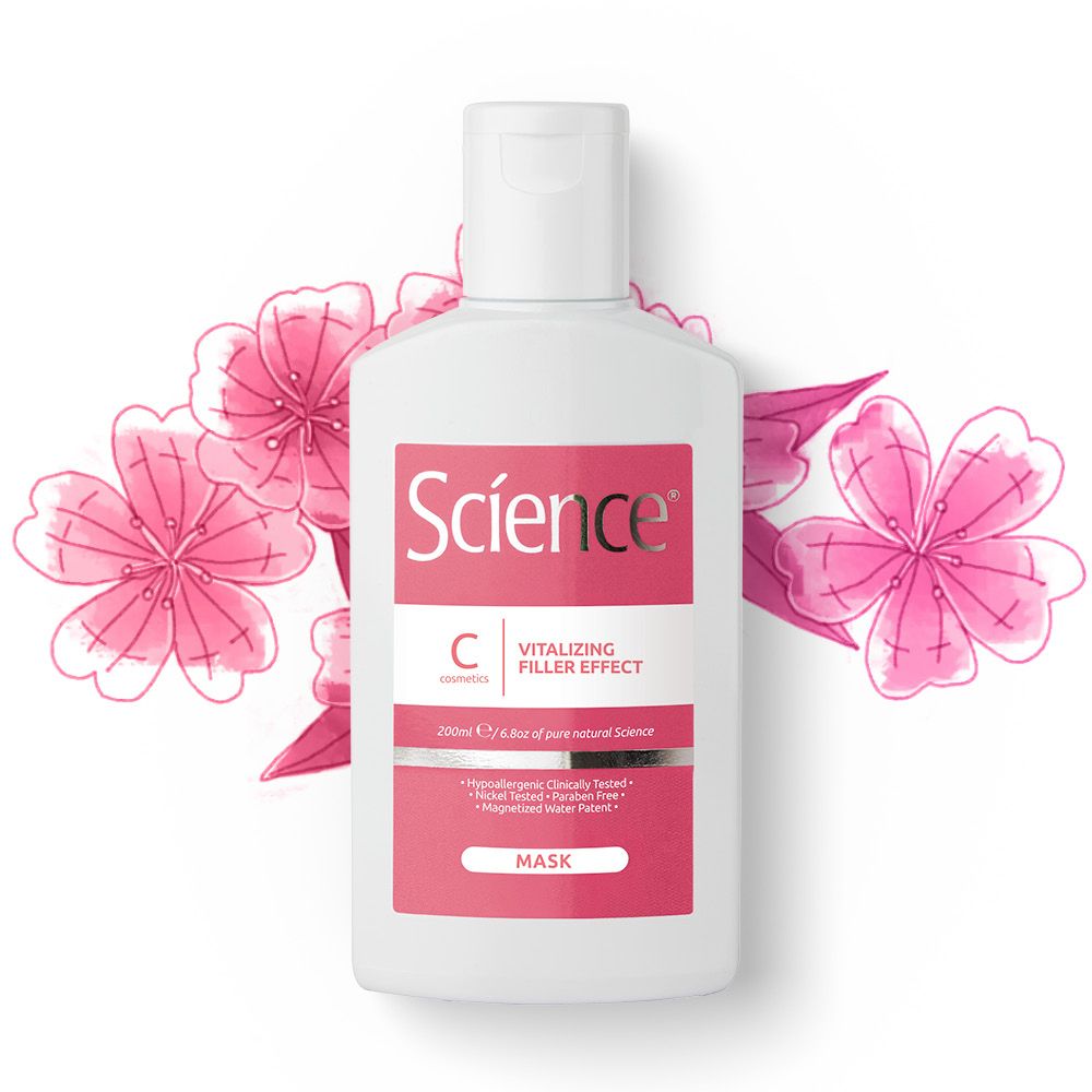 Flacone bianco con fiori rosa. Scritta Science, C, Vitalizing Filler Effect, Mask. 200ml.