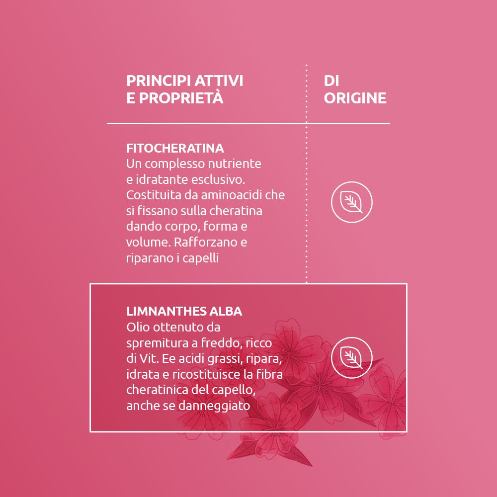 Sfondo rosa con testo. Principi attivi e proprietà: Fitocheratina, Limnanthes Alba. Origine.
