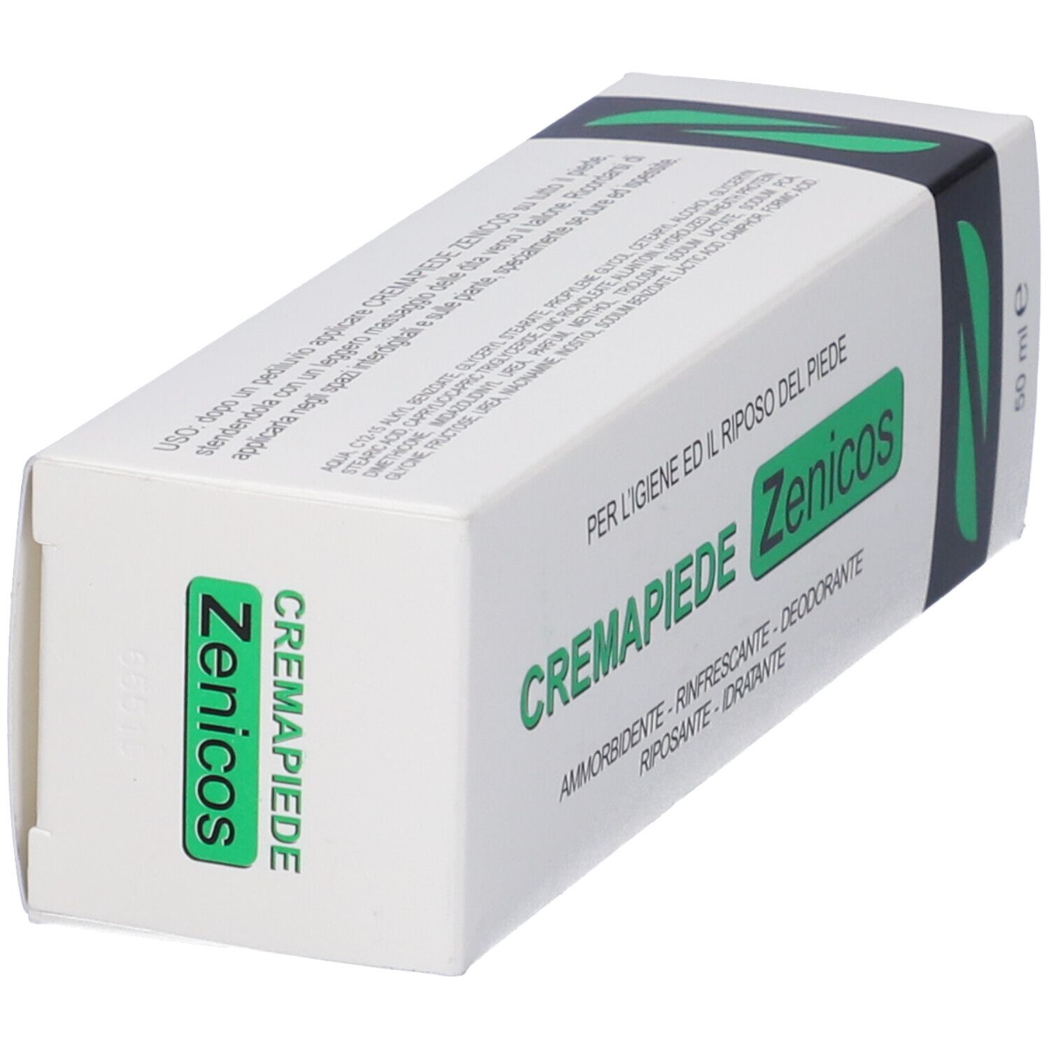 Confezione bianca inclinata con testo verde. Scritta: CREMAPIEDE Zenicos. Testo: AMMORBIDENTE, RINFRESCANTE, DEODORANTE, RIPOSANTE, IDRATANTE.