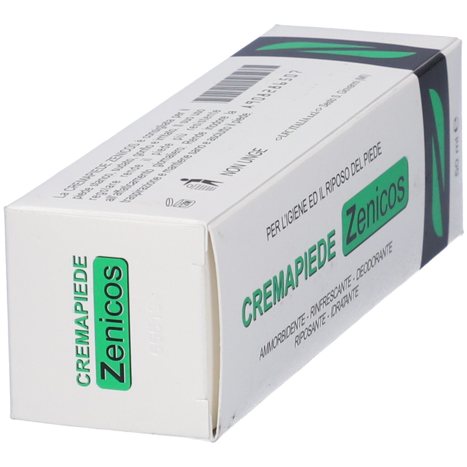 Confezione bianca inclinata con testo verde. Scritta: CREMAPIEDE Zenicos. Testo: AMMORBIDENTE, RINFRESCANTE, DEODORANTE, RIPOSANTE, IDRATANTE.
