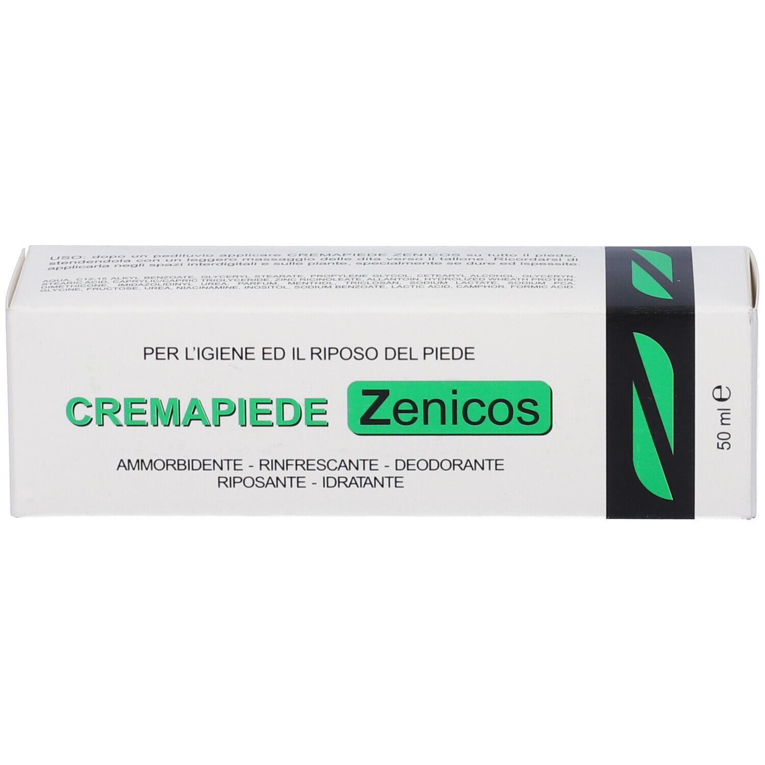 Confezione bianca con testo verde. Scritta: CREMAPIEDE Zenicos. Testo: AMMORBIDENTE, RINFRESCANTE, DEODORANTE, RIPOSANTE, IDRATANTE. 50 ml.