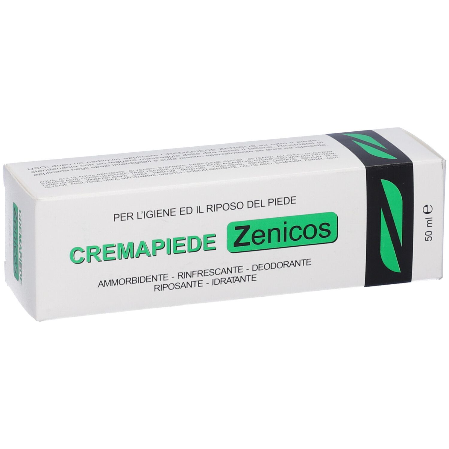 Confezione bianca con testo verde. Scritta: CREMAPIEDE Zenicos. Testo: AMMORBIDENTE, RINFRESCANTE, DEODORANTE, RIPOSANTE, IDRATANTE. 50 ml.