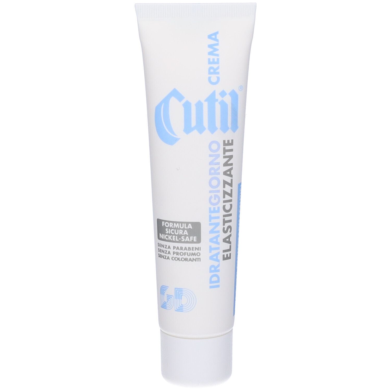 Tubo crema Cutil. Scritta: Idratante Giorno Elasticizzante. Formula Nickel-Safe.