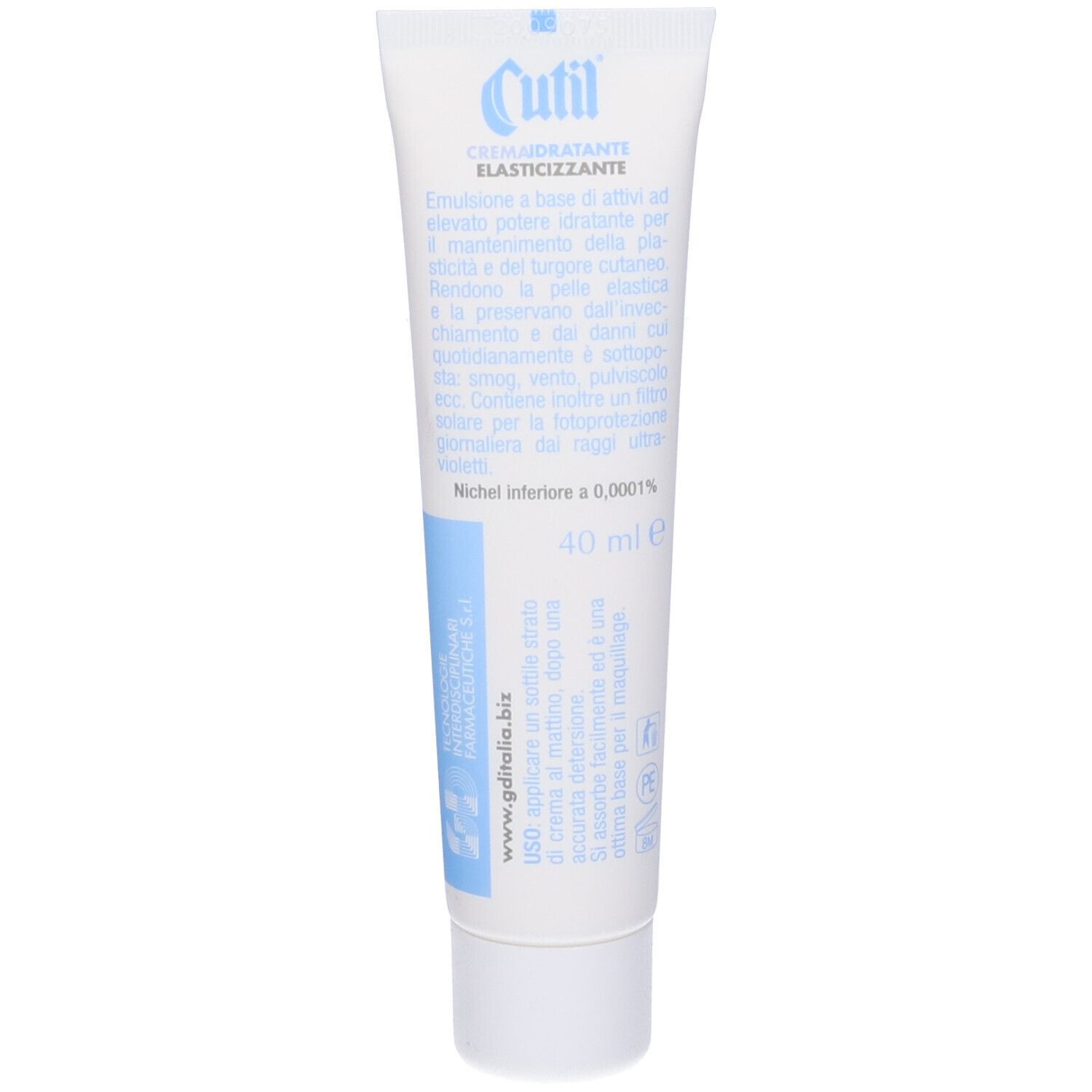 Tubo crema Cutil. Scritta: Idratante Giorno Elasticizzante. Formula Nickel-Safe.