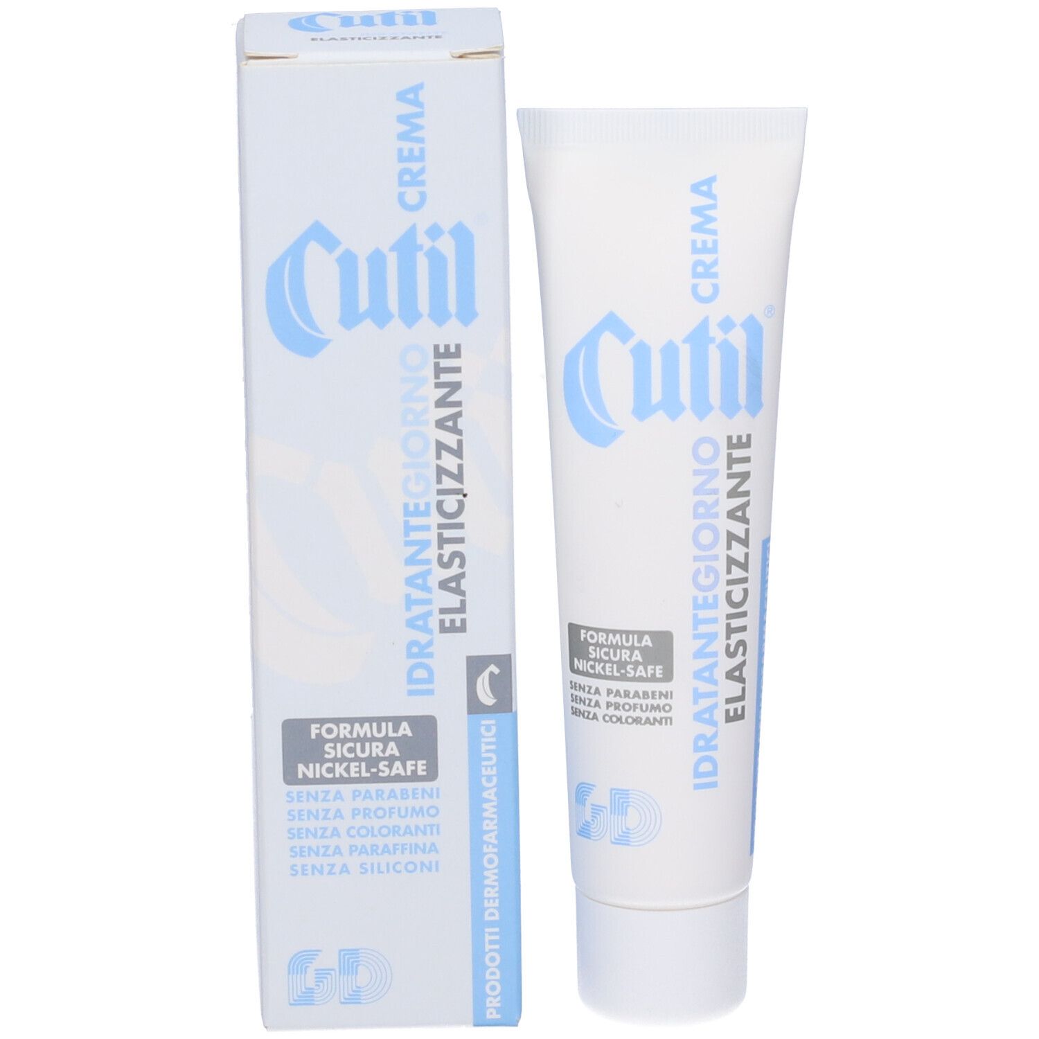 Tubo crema Cutil e confezione. Scritta: Idratante Giorno Elasticizzante. Formula Nickel-Safe.