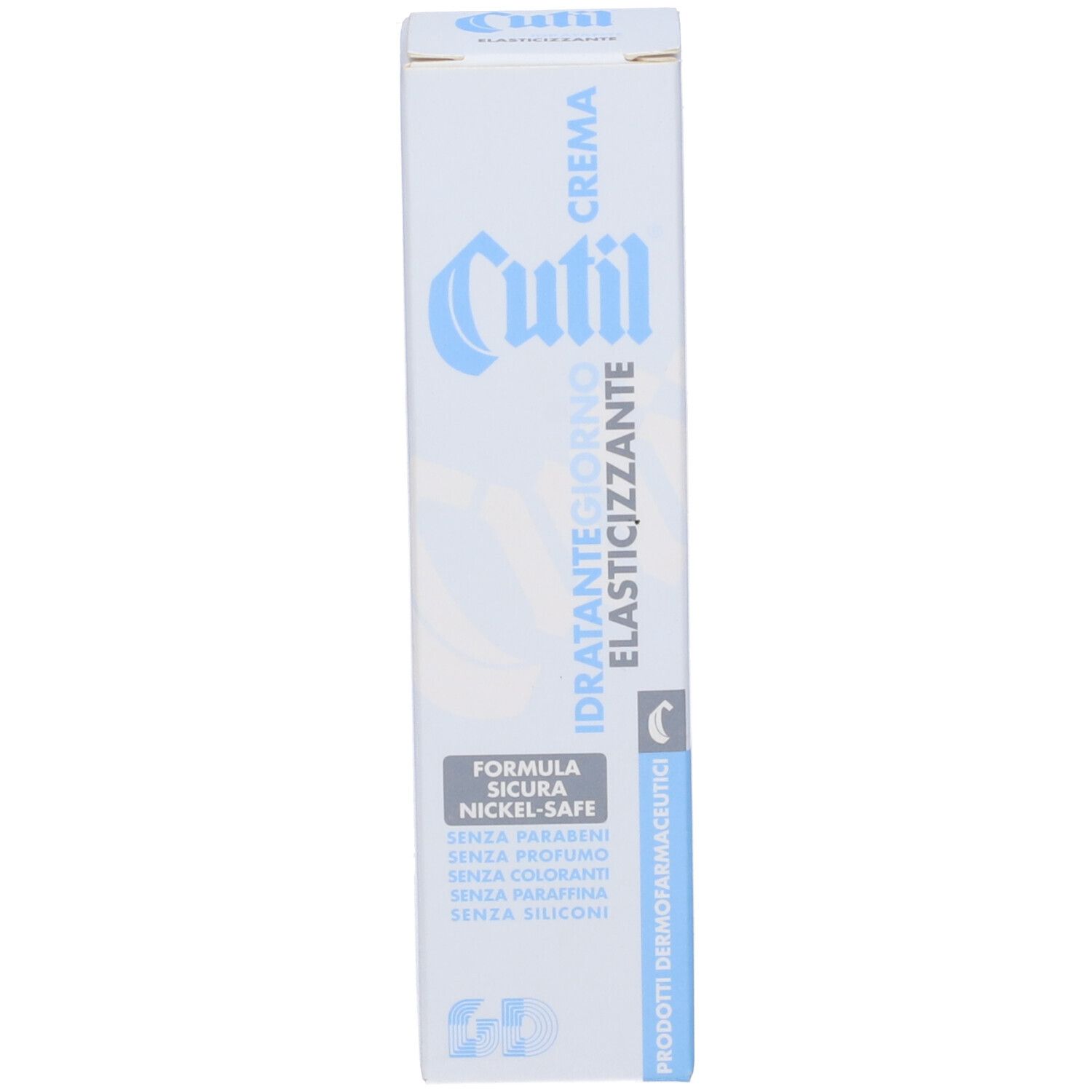 Confezione crema Cutil. Scritta: Idratante Giorno Elasticizzante. Formula Nickel-Safe.