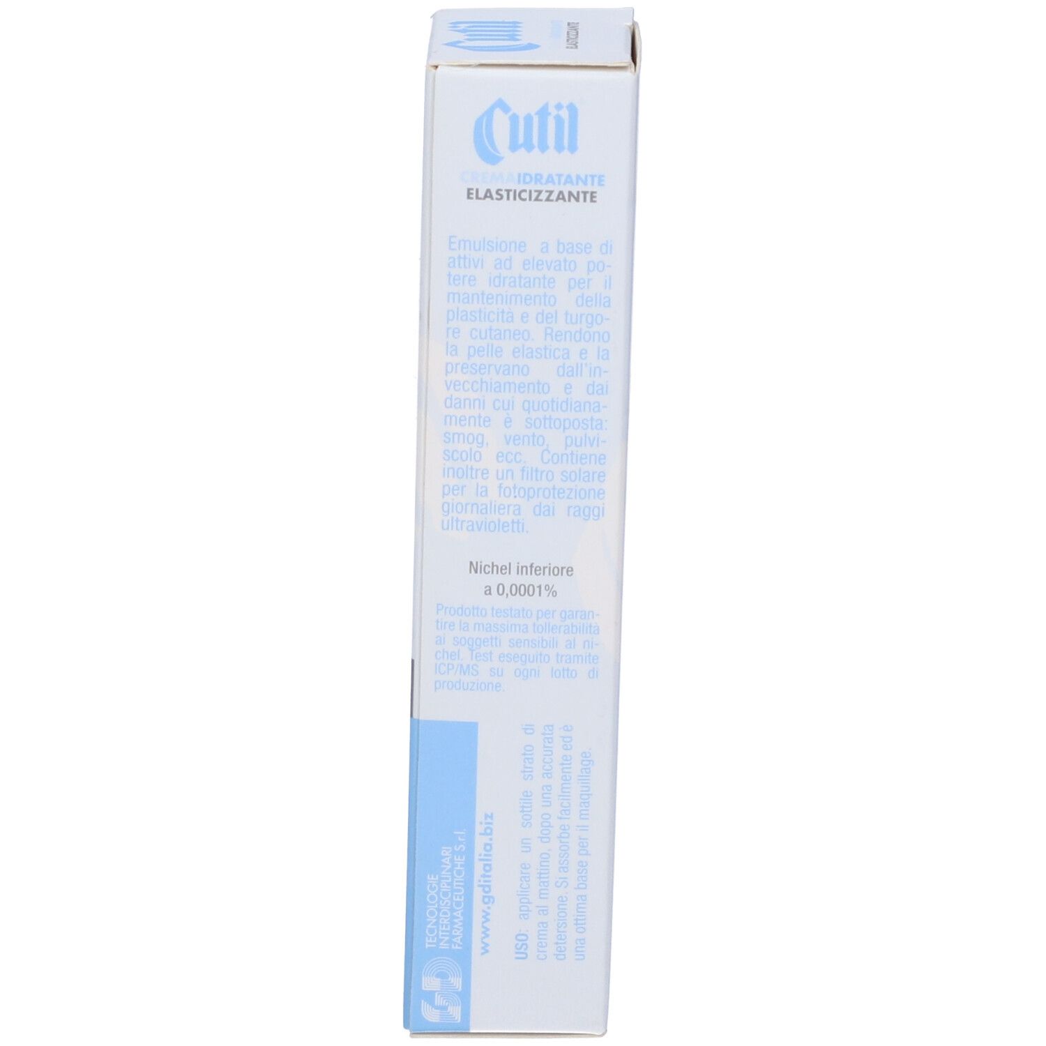 Confezione crema Cutil. Scritta: Idratante Giorno Elasticizzante. Formula Nickel-Safe.