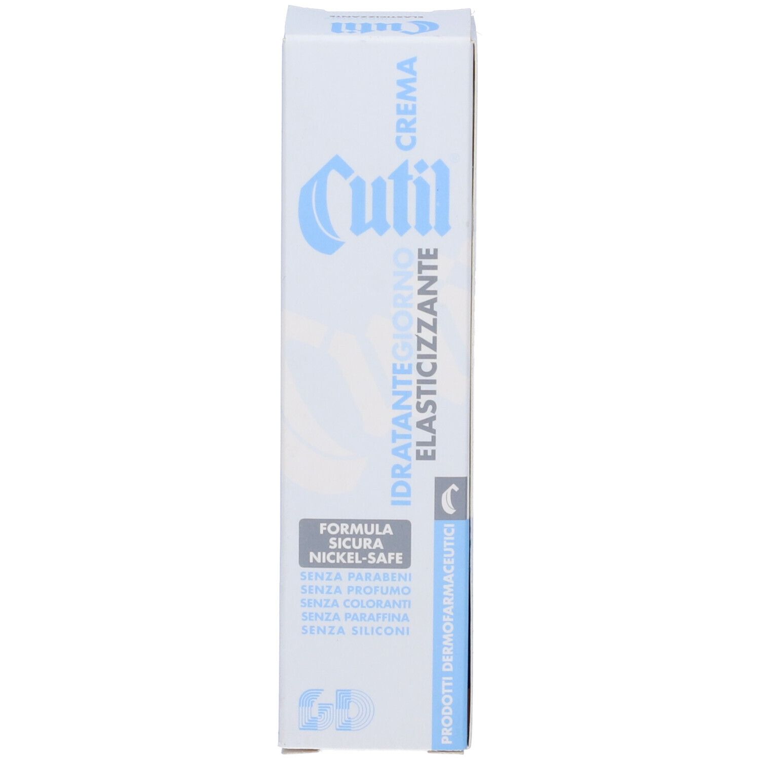Confezione crema Cutil. Scritta: Idratante Giorno Elasticizzante. Formula Nickel-Safe.