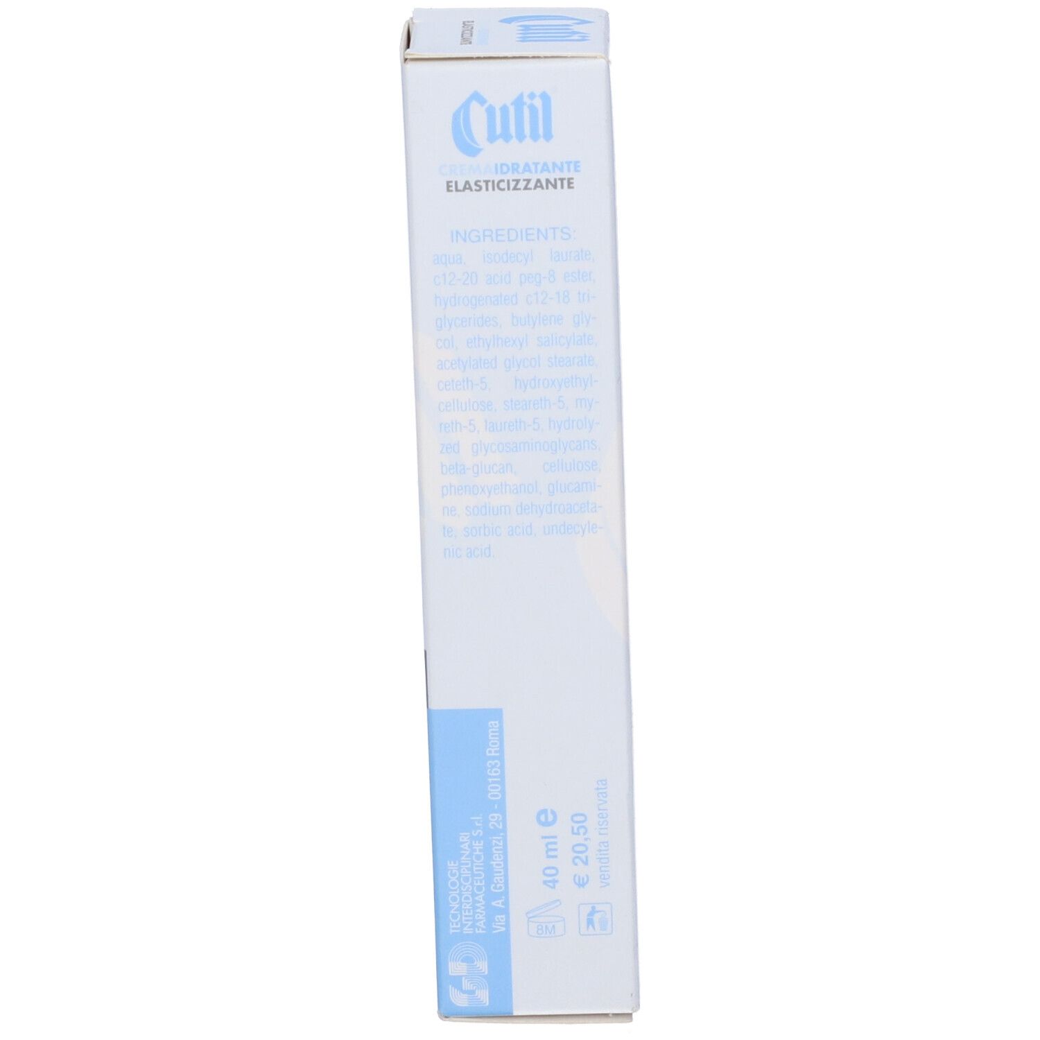 Confezione crema Cutil. Scritta: Idratante Giorno Elasticizzante. Ingredienti e prezzo.