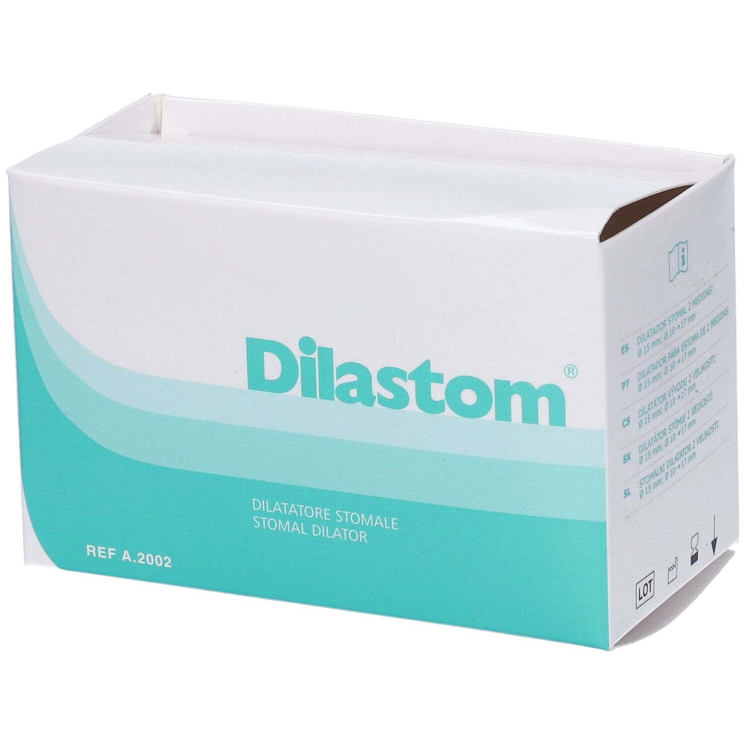 Confezione di Dilastom. Nome prodotto e marchio Dilastom. Informazioni multilingue sulla confezione.