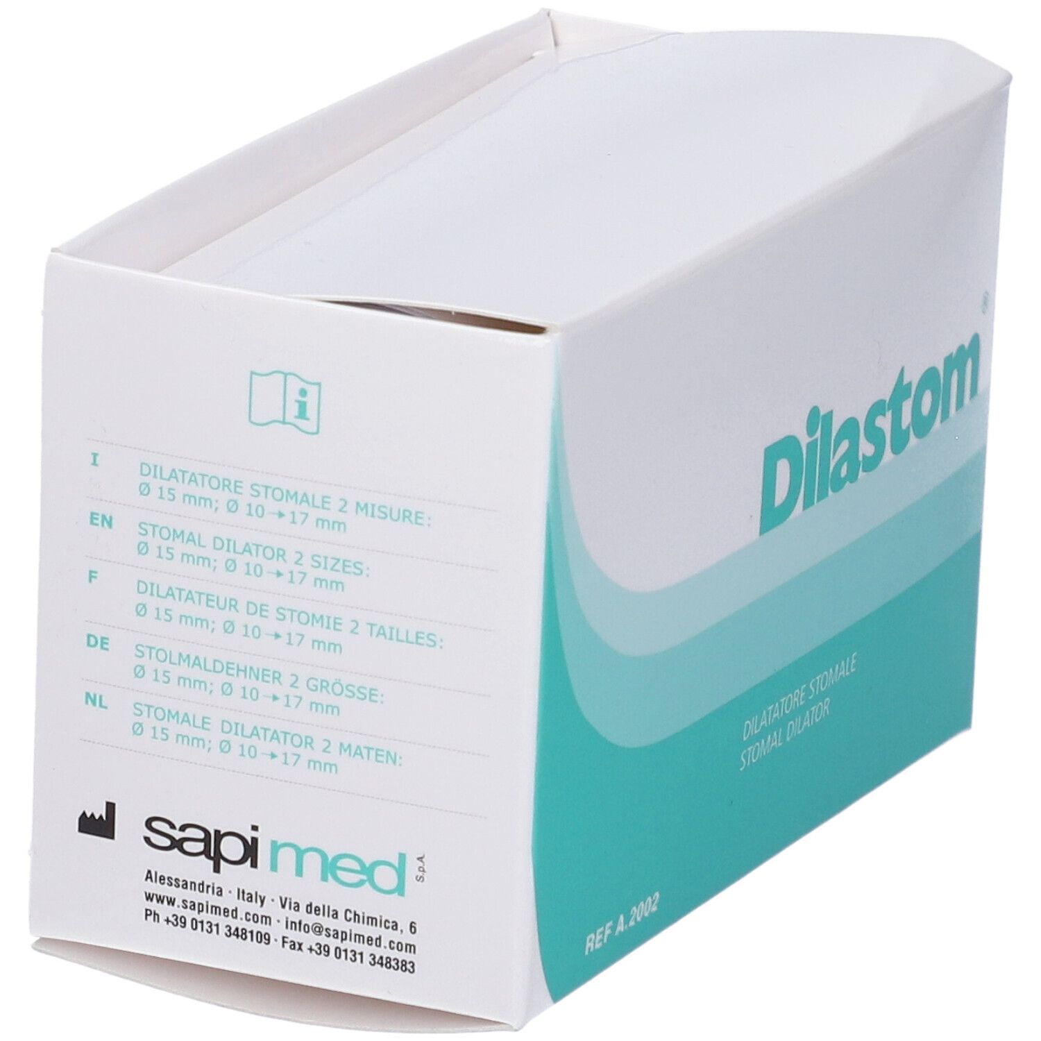 Confezione di Dilastom. Nome prodotto e marchio Dilastom. Informazioni multilingue sulla confezione.