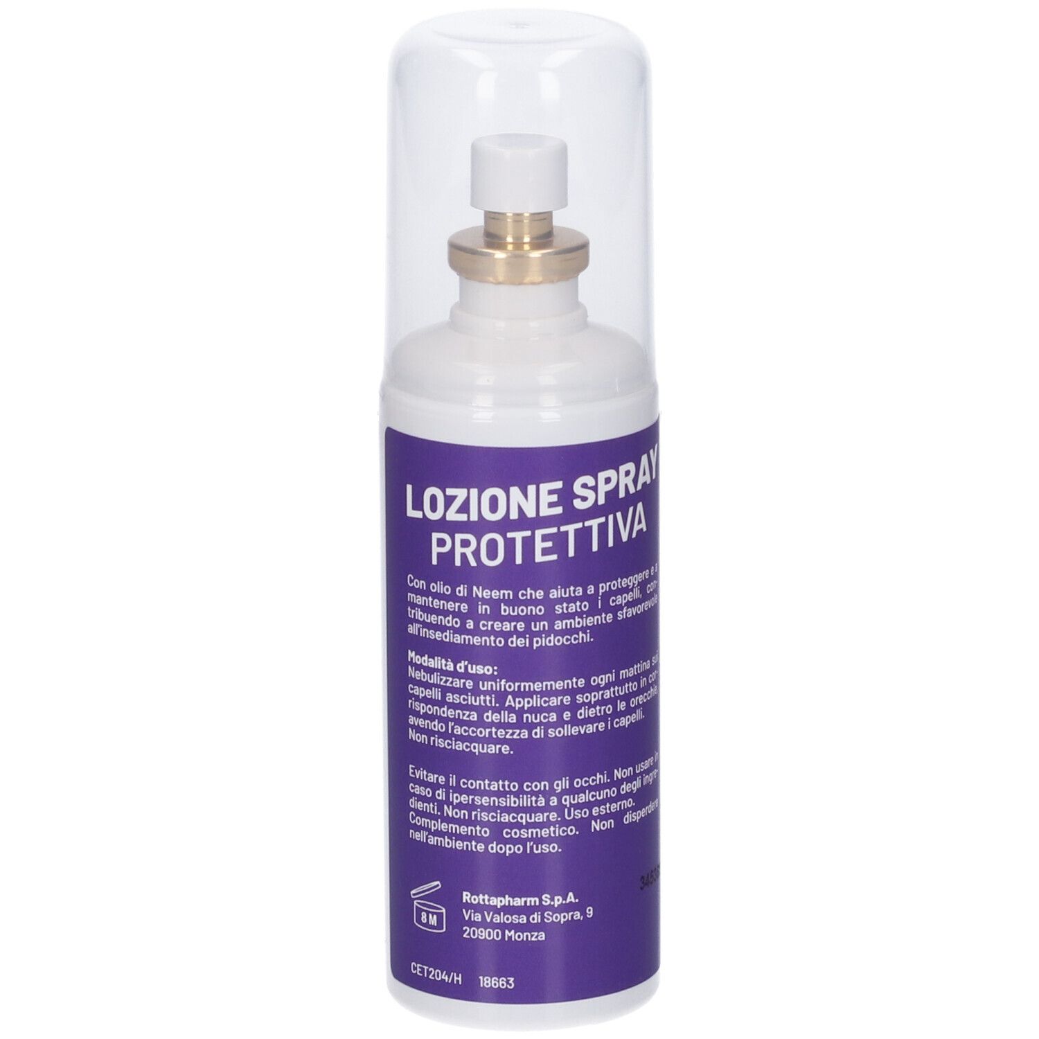 Flacone spray bianco con cappuccio trasparente. Scritta: PreAftir, Lozione Spray Protettiva. Etichetta viola con testo.