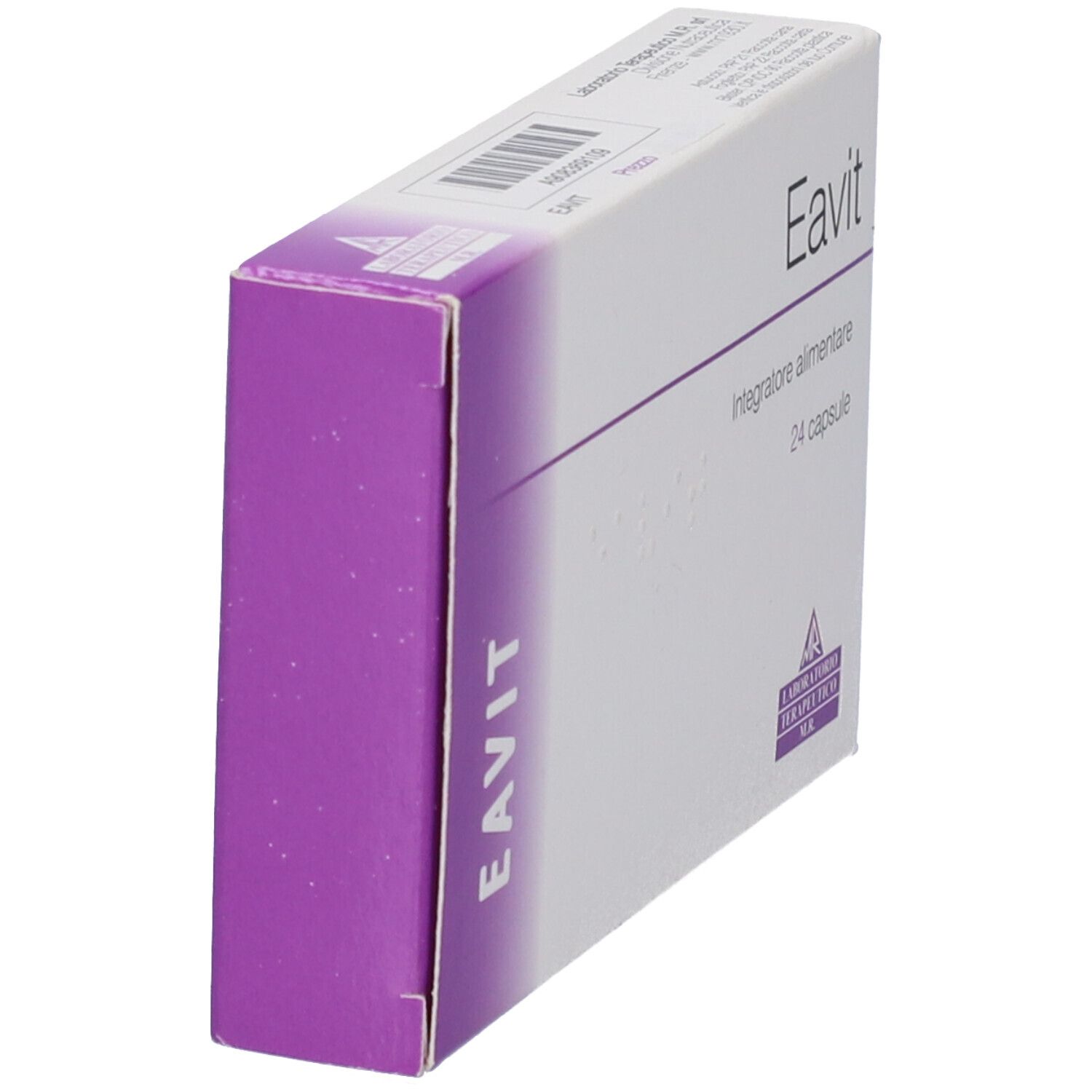 Confezione Eavit, vista laterale. Scatola bianca con dettagli viola. Scritto: Eavit. Vista angolata.