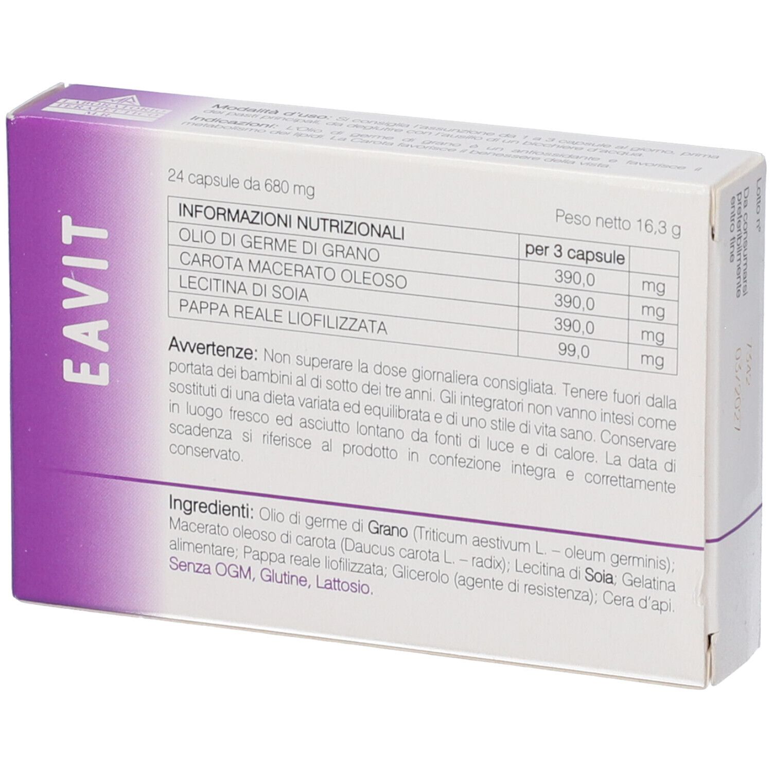 Retro della confezione Eavit. Contiene informazioni nutrizionali e ingredienti. Testo in italiano.