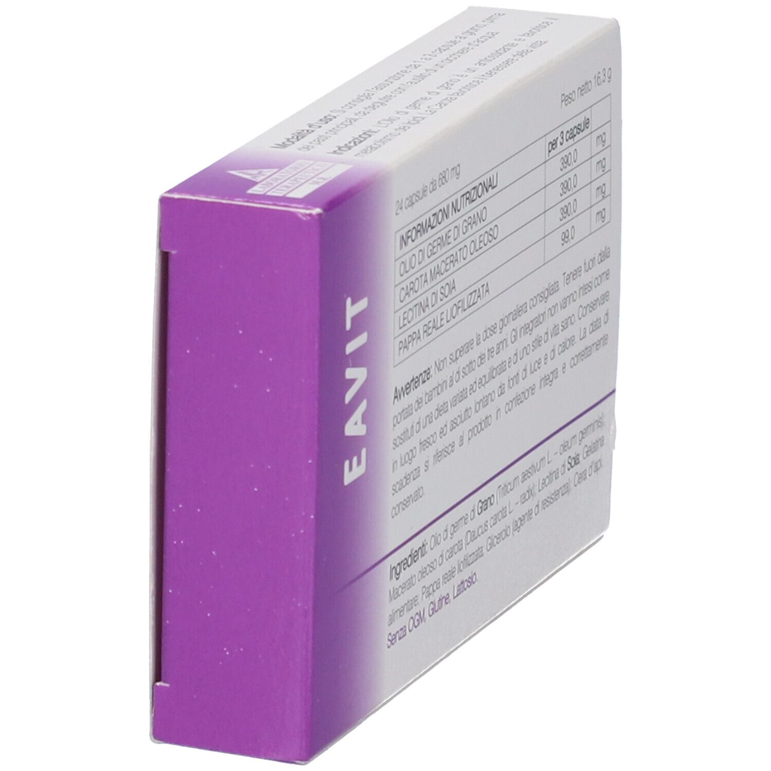 Confezione Eavit, vista laterale. Contiene informazioni nutrizionali. Testo in italiano.
